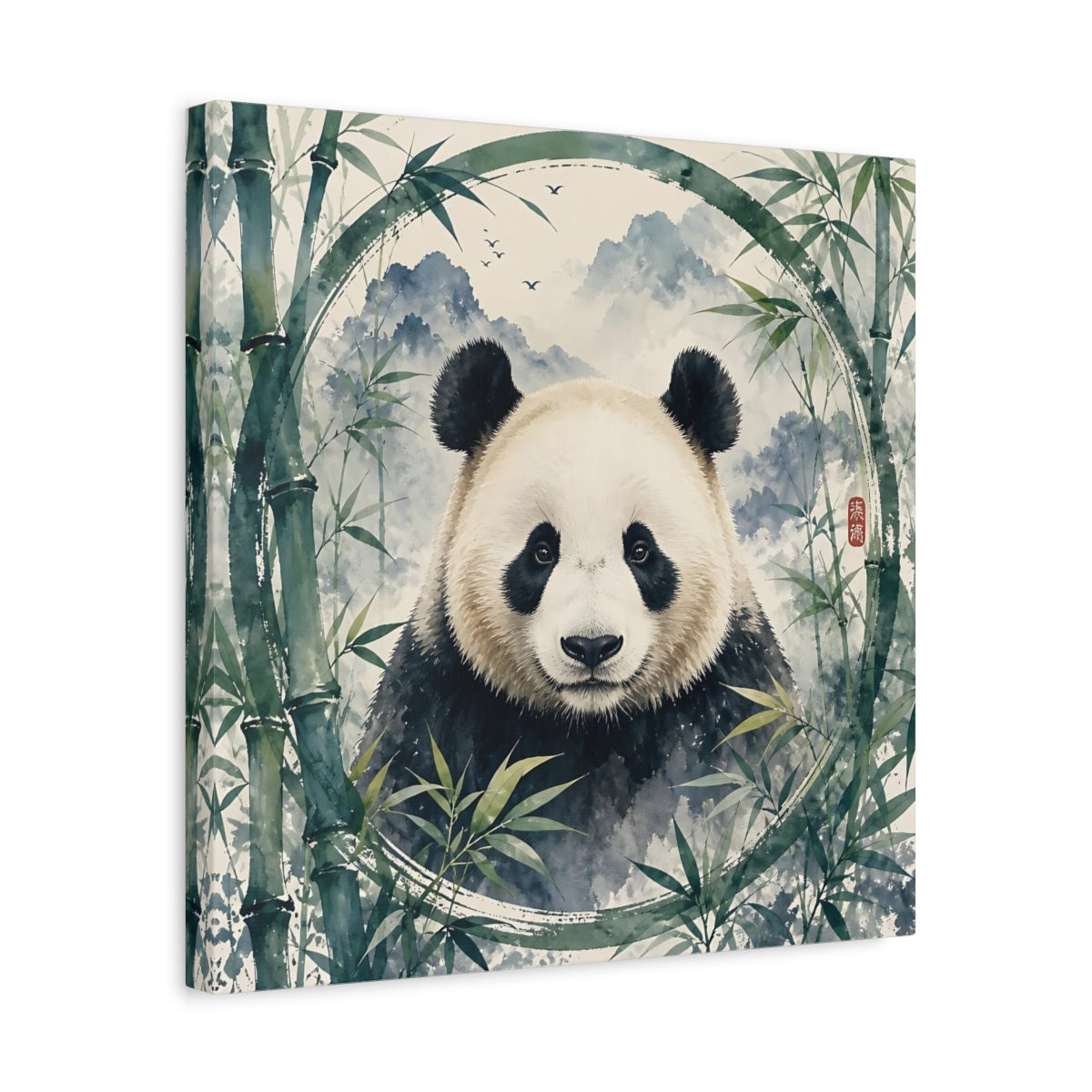 Side Mockup 6. Animals Panda Green Panda shown as stretched canvas wall art