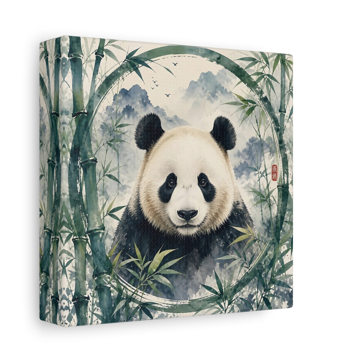 Side Mockup 2. Animals Panda Green Panda shown as stretched canvas wall art