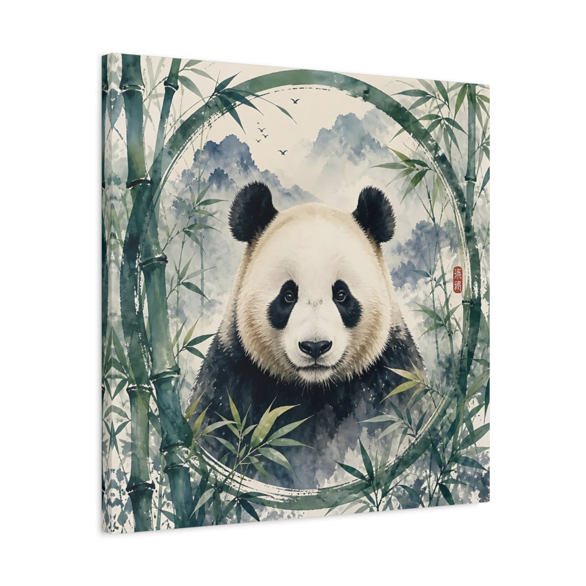 Side Mockup 4. Animals Panda Green Panda shown as stretched canvas wall art
