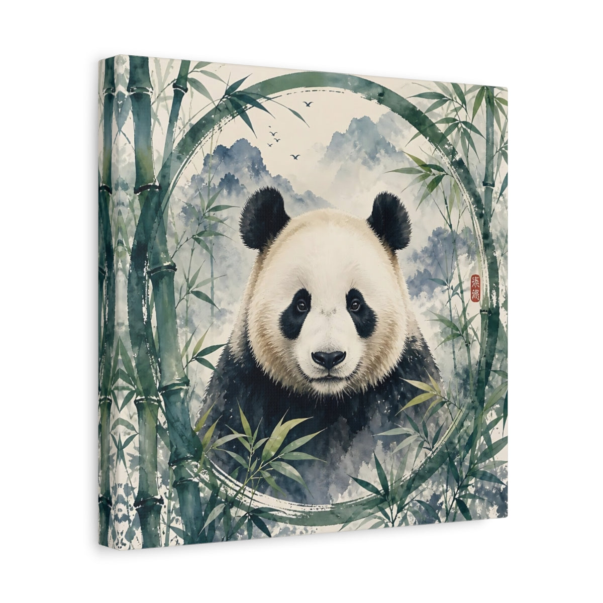 Side Mockup 8. Animals Panda Green Panda shown as stretched canvas wall art