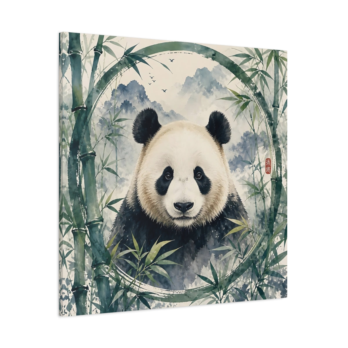 Side Mockup 1. Animals Panda Green Panda shown as stretched canvas wall art