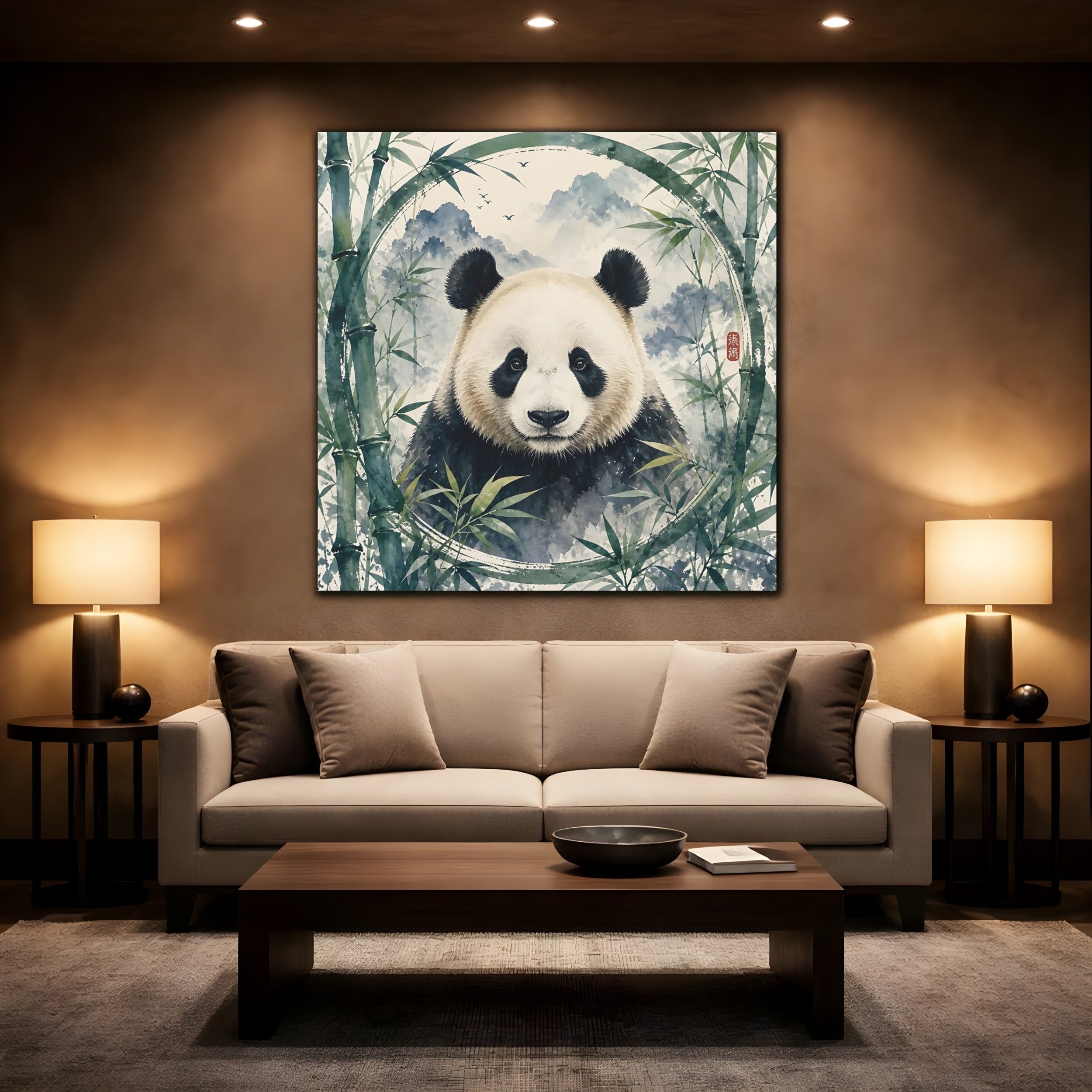 Mockup 2. Animals Panda Green Panda shown as stretched canvas wall art