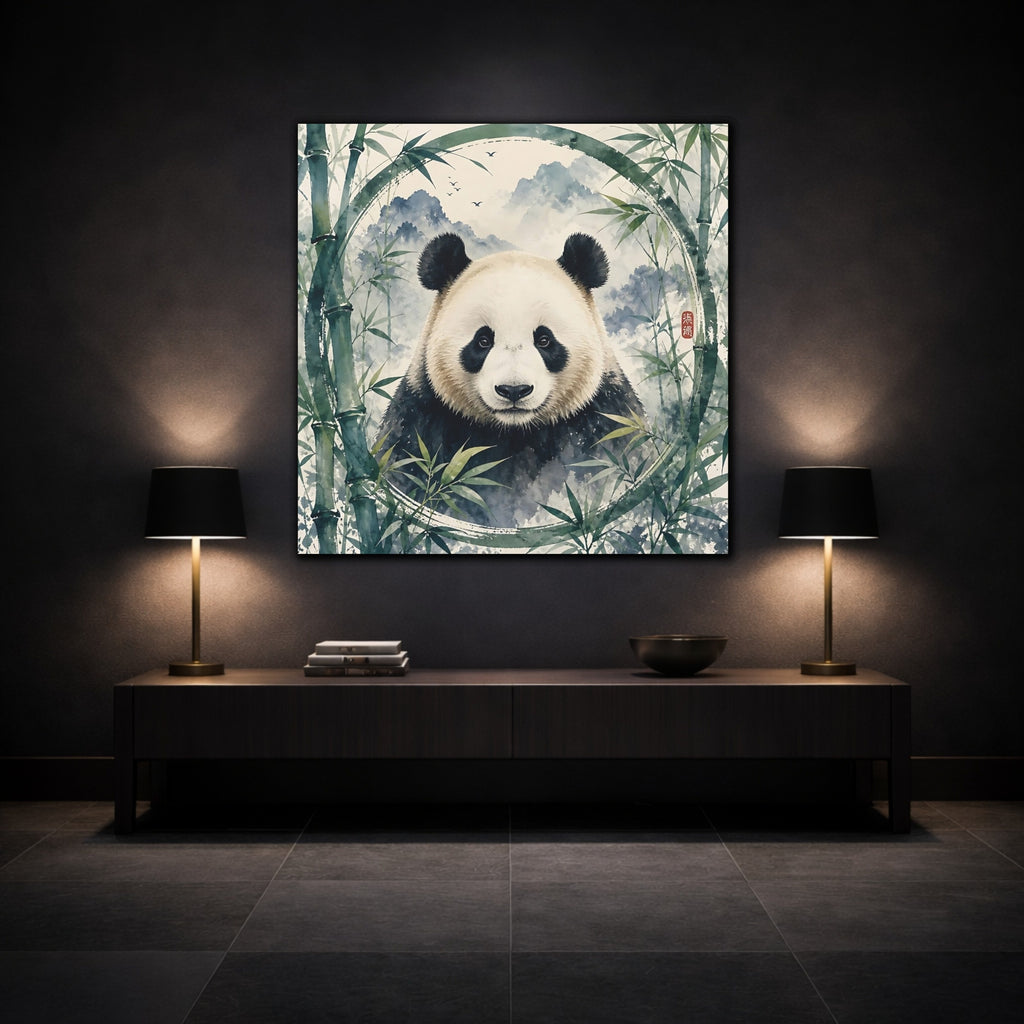 Mockup 3. Animals Panda Green Panda shown as stretched canvas wall art