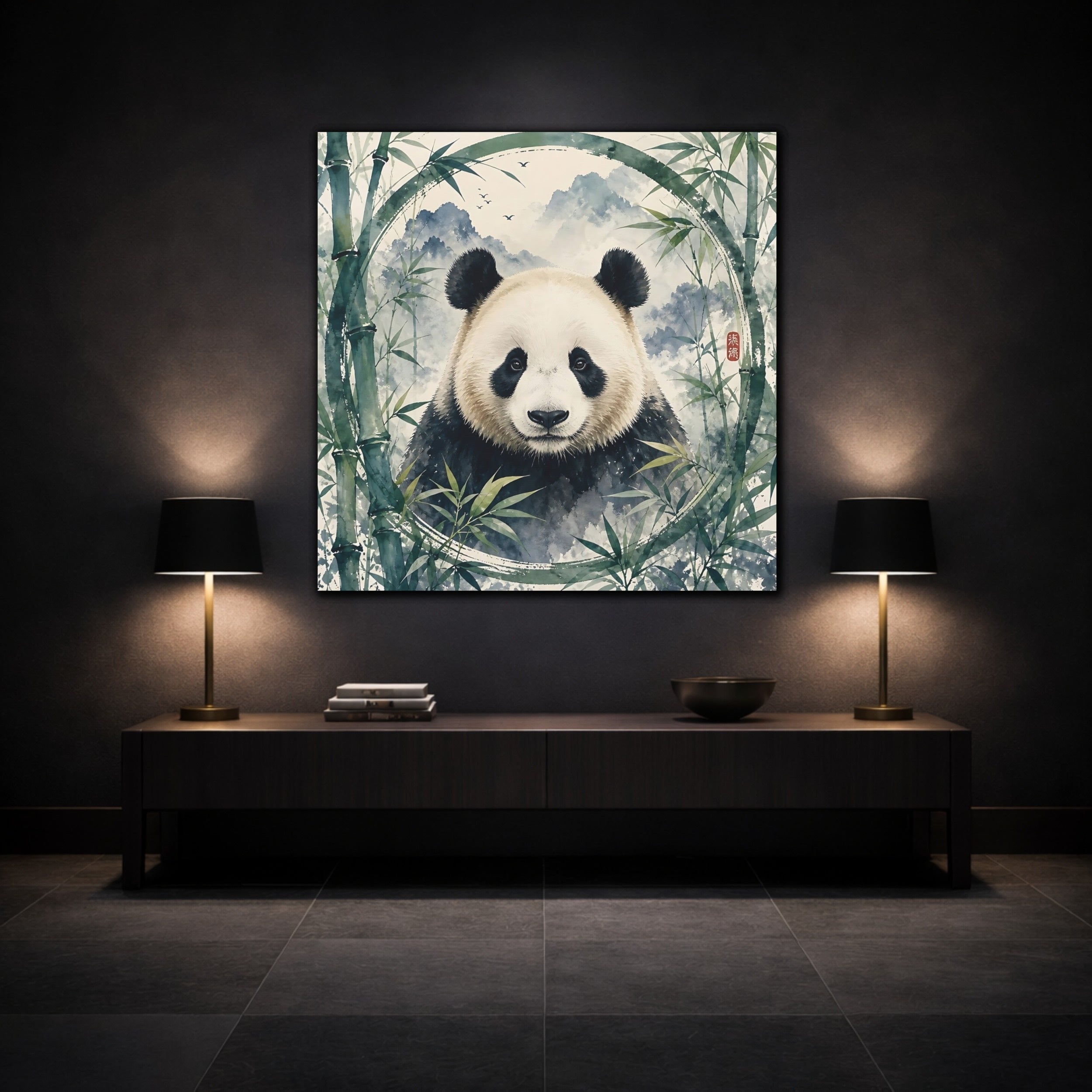 Mockup 3. Animals Panda Green Panda shown as stretched canvas wall art