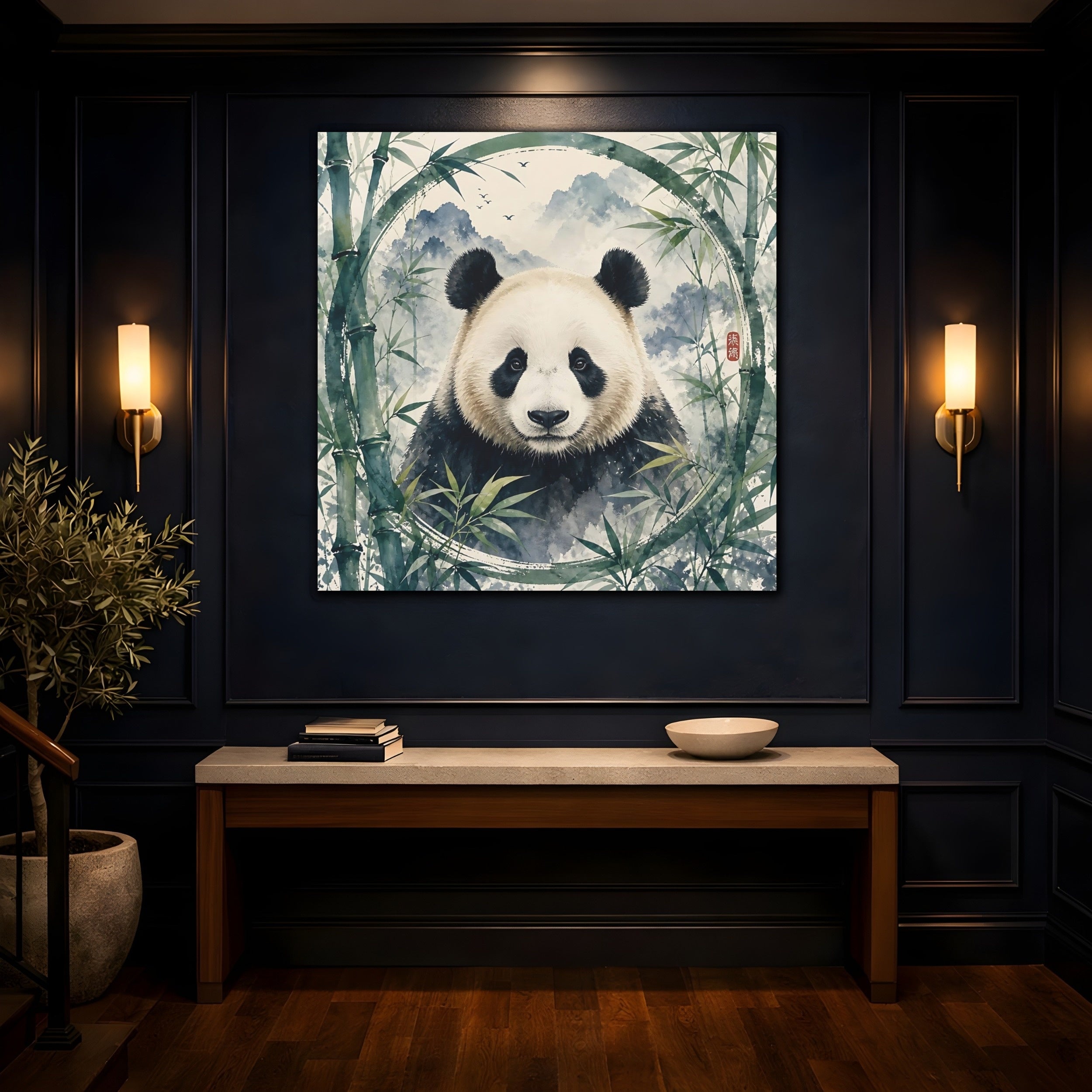 Mockup 4. Animals Panda Green Panda shown as stretched canvas wall art