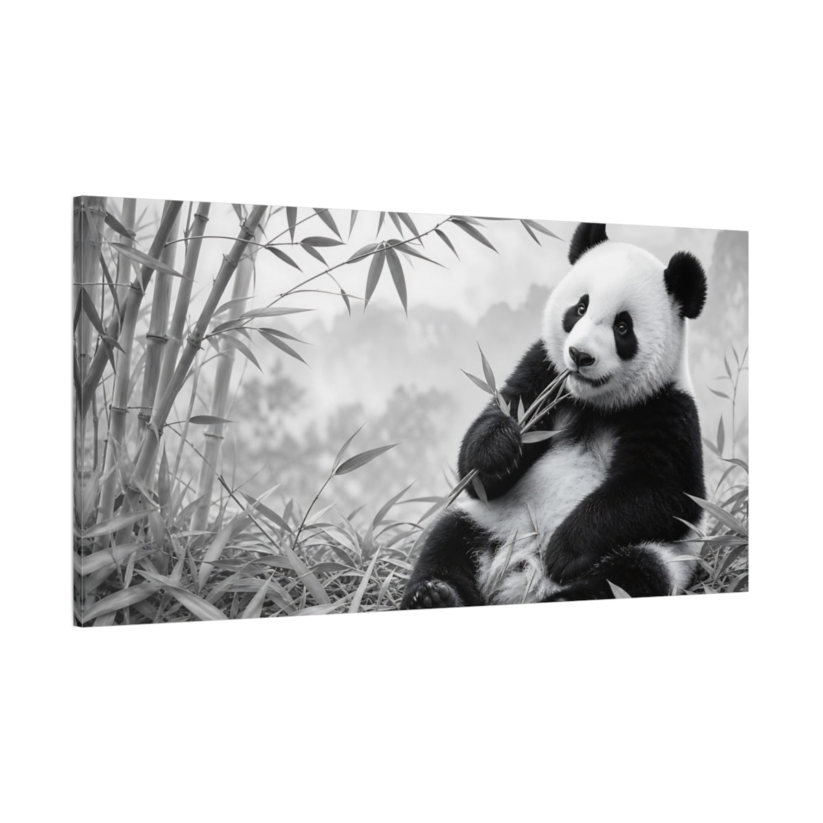 Side Mockup 2. Animals Panda Monochrome Panda shown as stretched canvas wall art