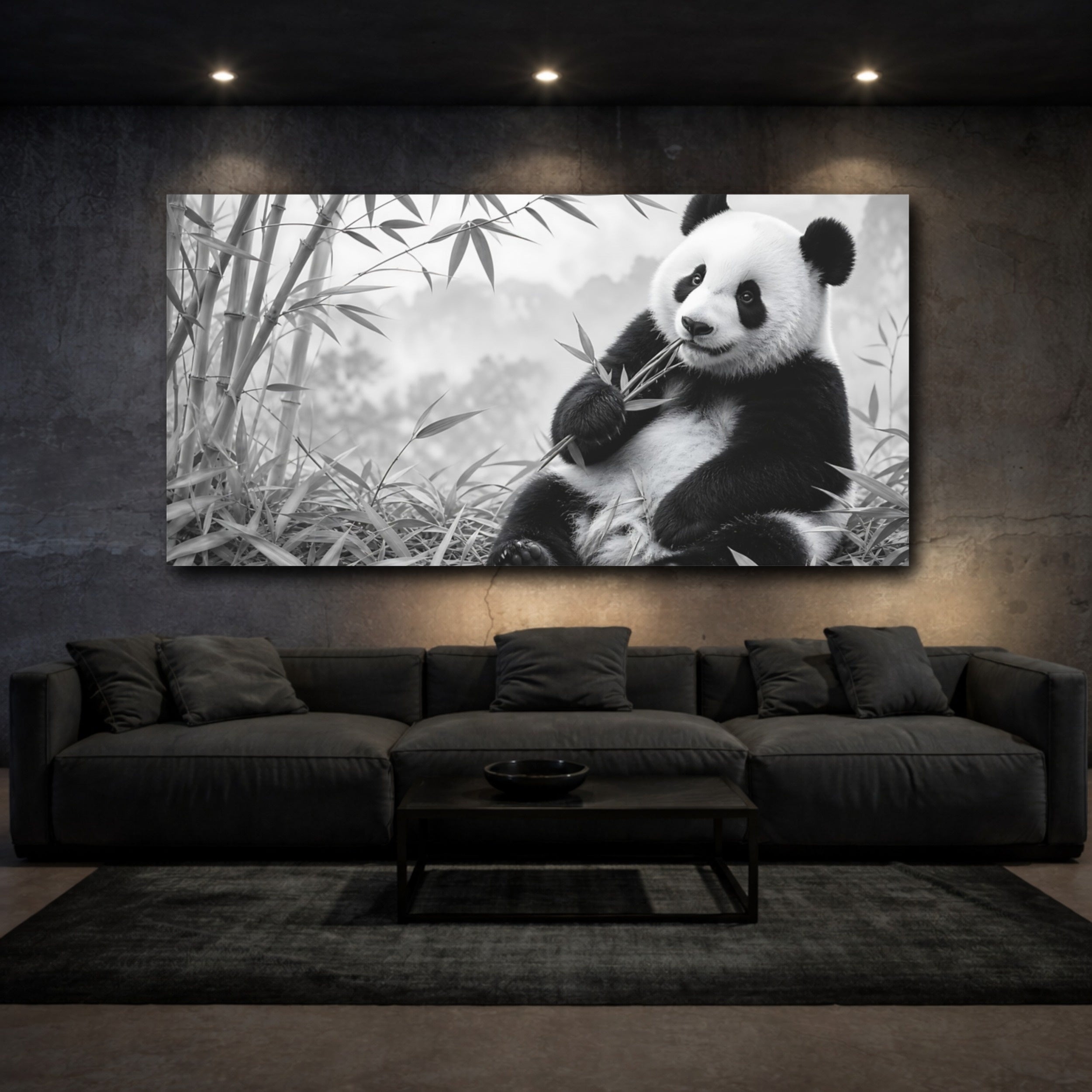 Mockup 3. Animals Panda Monochrome Panda shown as stretched canvas wall art