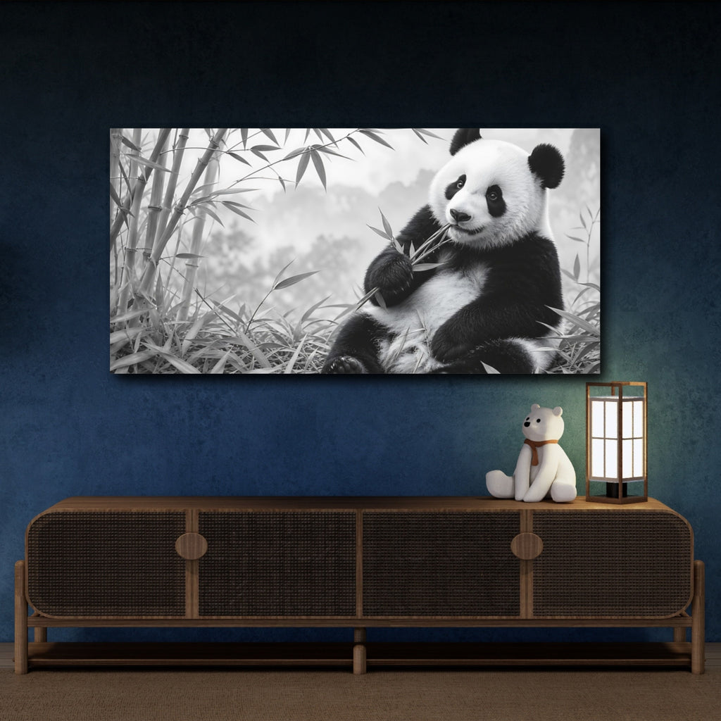 Mockup 4. Animals Panda Monochrome Panda shown as stretched canvas wall art