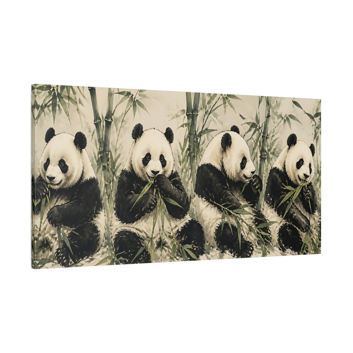 Side Mockup 2. Animals Pandas Green And White Pandas shown as stretched canvas wall art