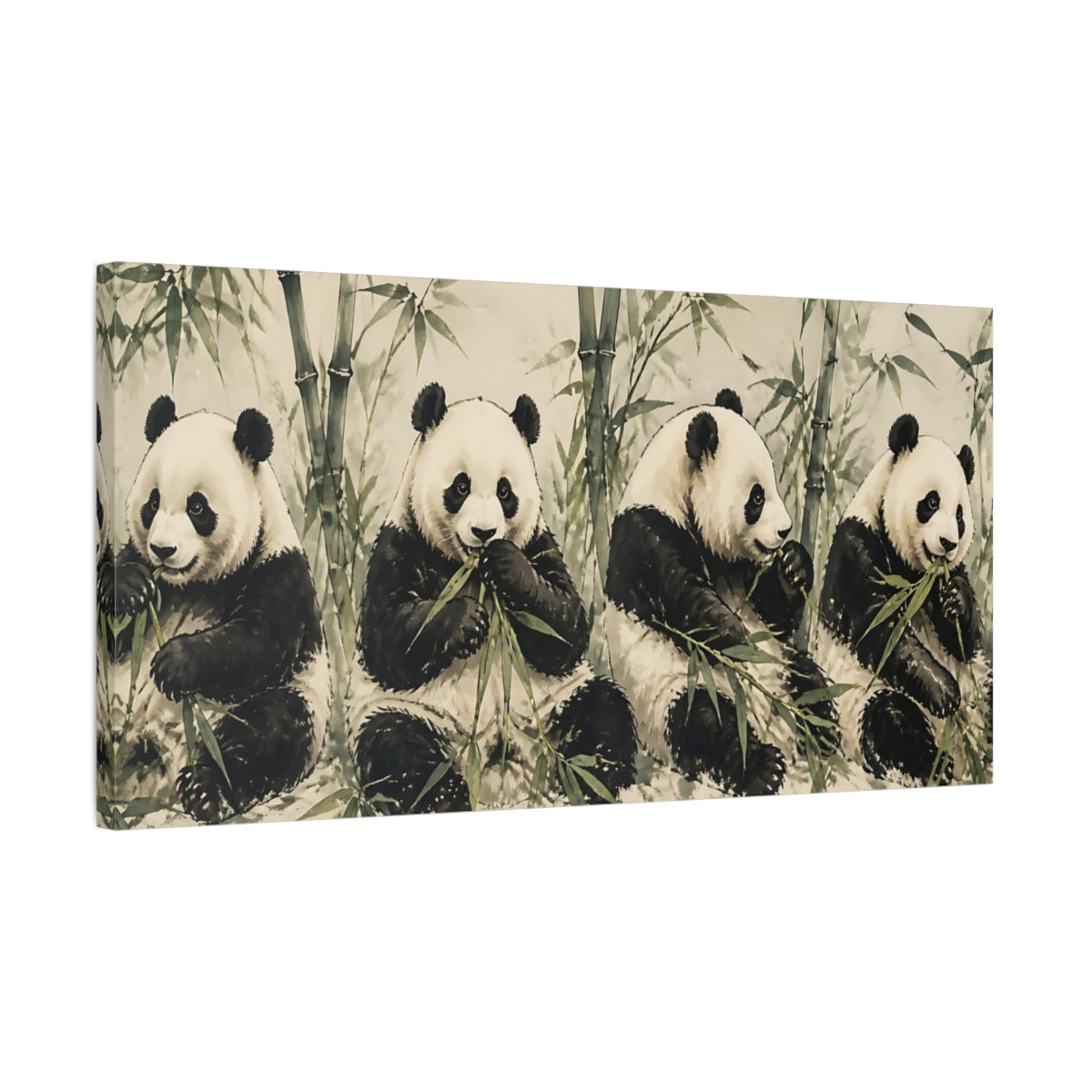 Side Mockup 1. Animals Pandas Green And White Pandas shown as stretched canvas wall art