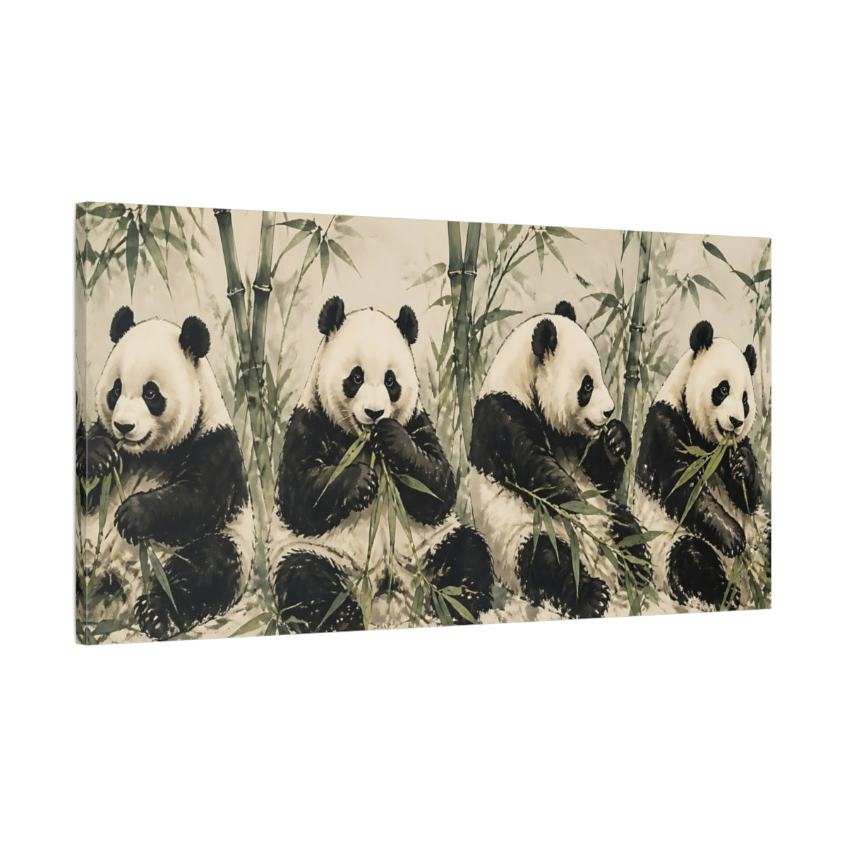 Main Mockup. Animals Pandas Green And White Pandas shown as stretched canvas wall art