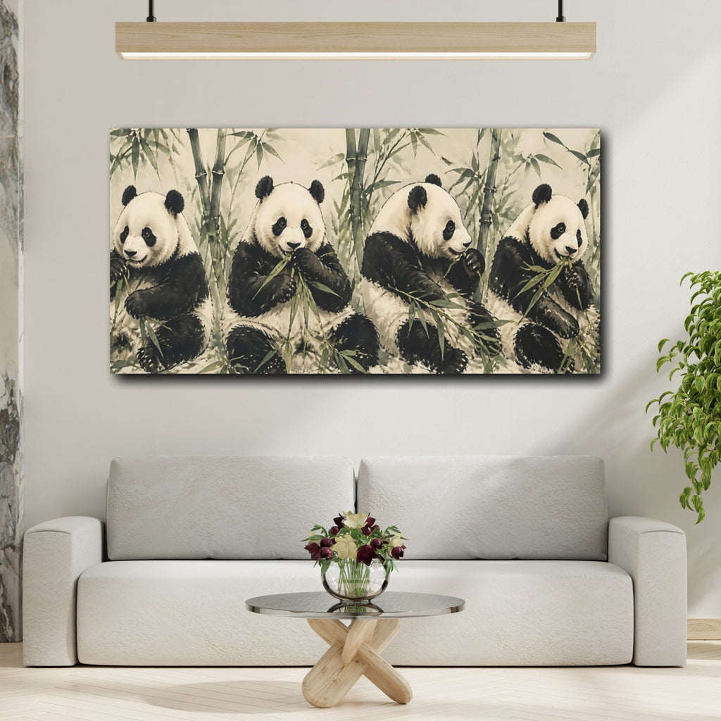 Mockup 2. Animals Pandas Green And White Pandas shown as stretched canvas wall art