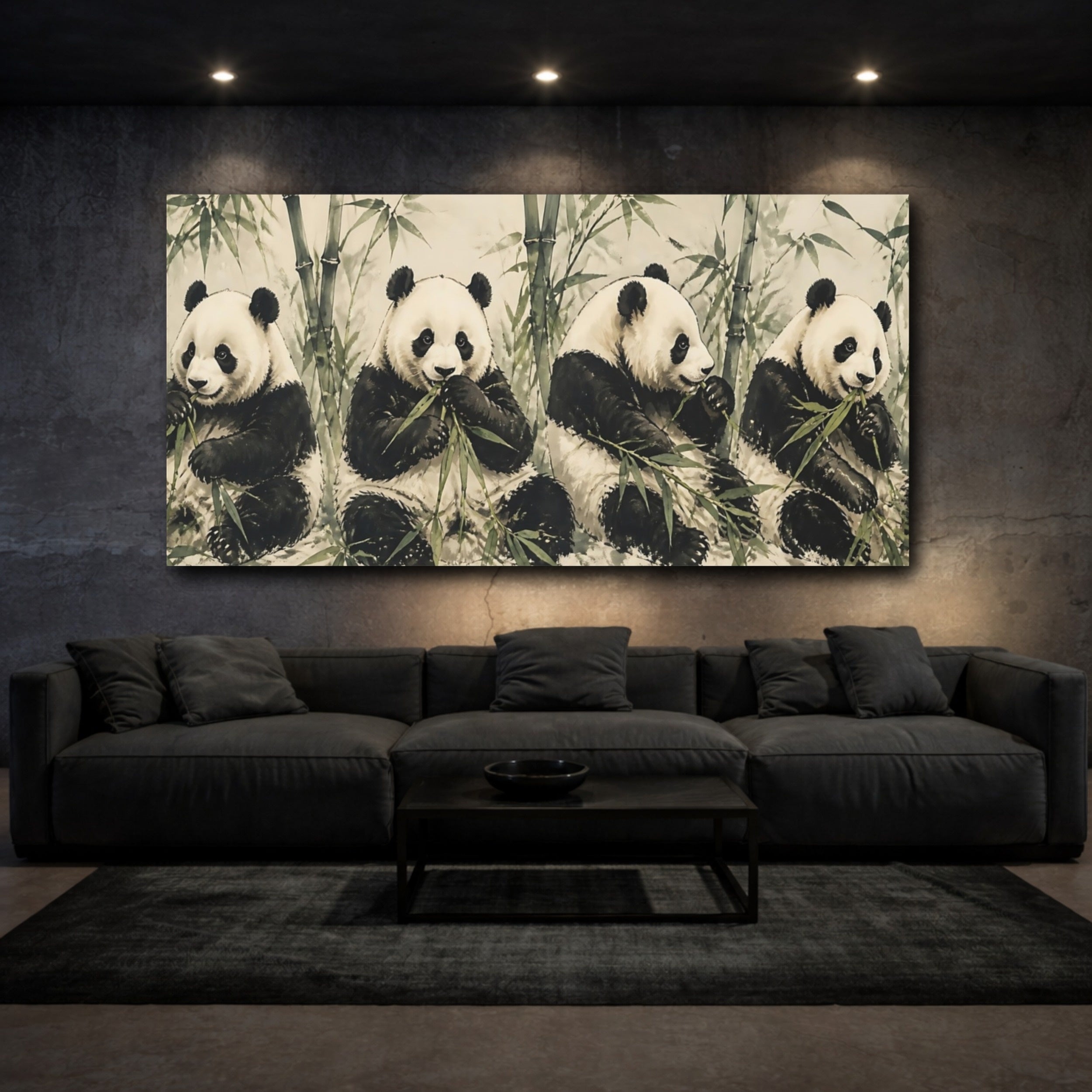 Mockup 3. Animals Pandas Green And White Pandas shown as stretched canvas wall art