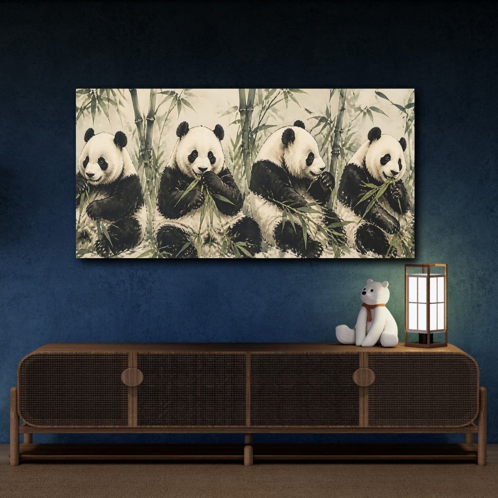 Mockup 4. Animals Pandas Green And White Pandas shown as stretched canvas wall art