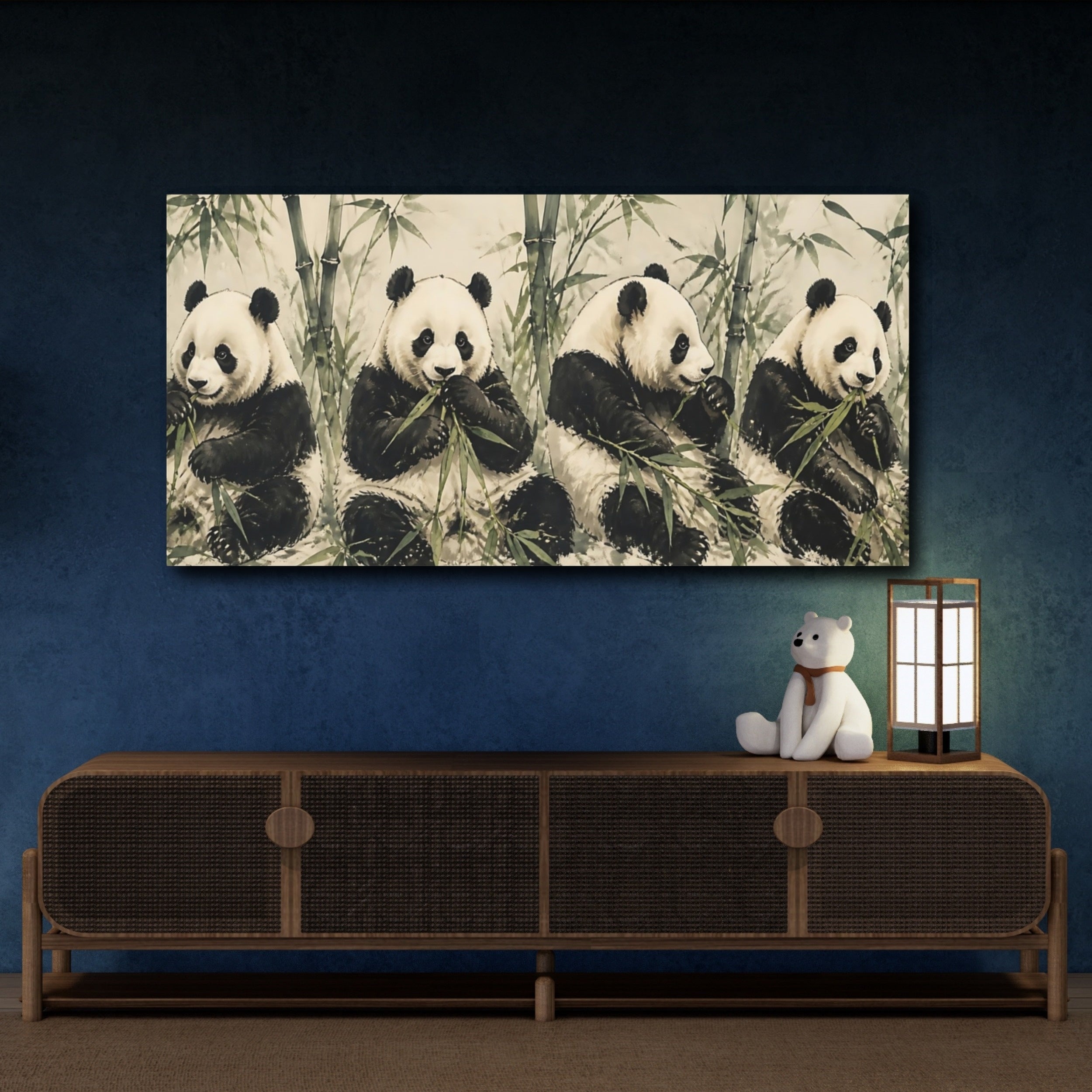 Mockup 4. Animals Pandas Green And White Pandas shown as stretched canvas wall art