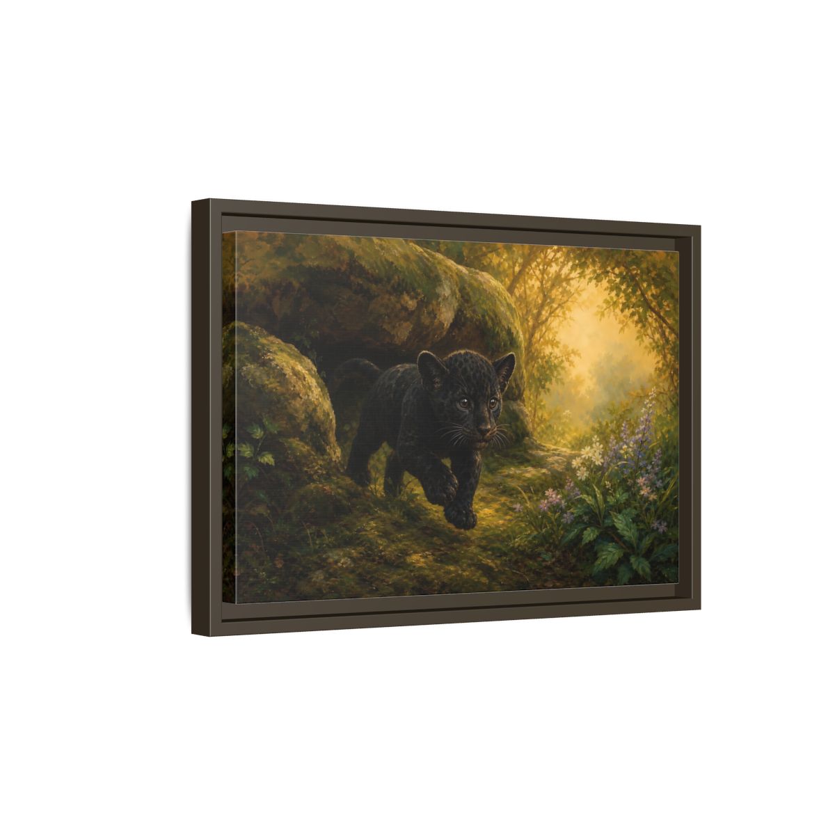 Side Mockup 5. Animals Panther Cub Black Panther Forest shown as stretched canvas wall art