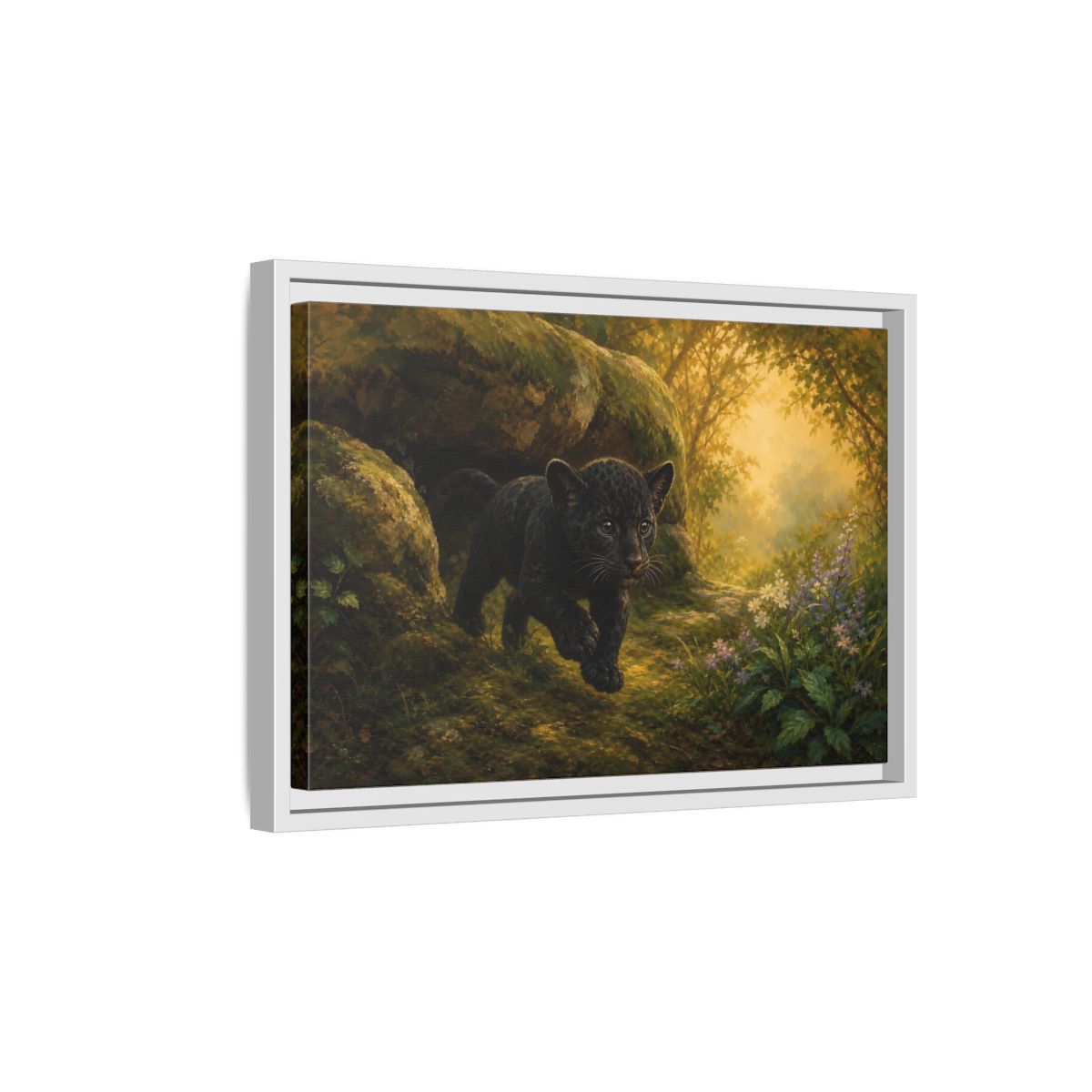 Side Mockup 4. Animals Panther Cub Black Panther Forest shown as stretched canvas wall art