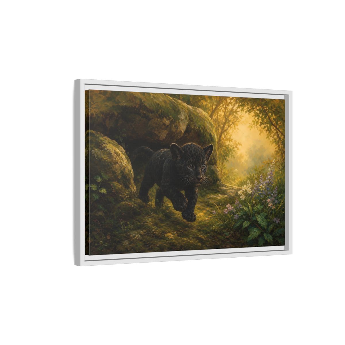 Side Mockup 1. Animals Panther Cub Black Panther Forest shown as stretched canvas wall art