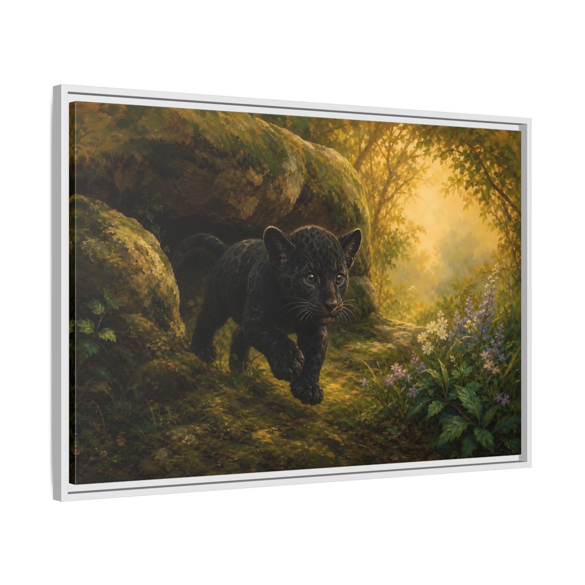 Side Mockup 9. Animals Panther Cub Black Panther Forest shown as stretched canvas wall art