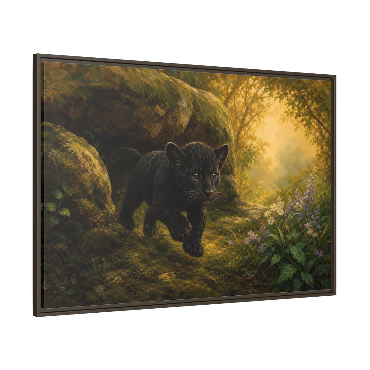Side Mockup 8. Animals Panther Cub Black Panther Forest shown as stretched canvas wall art