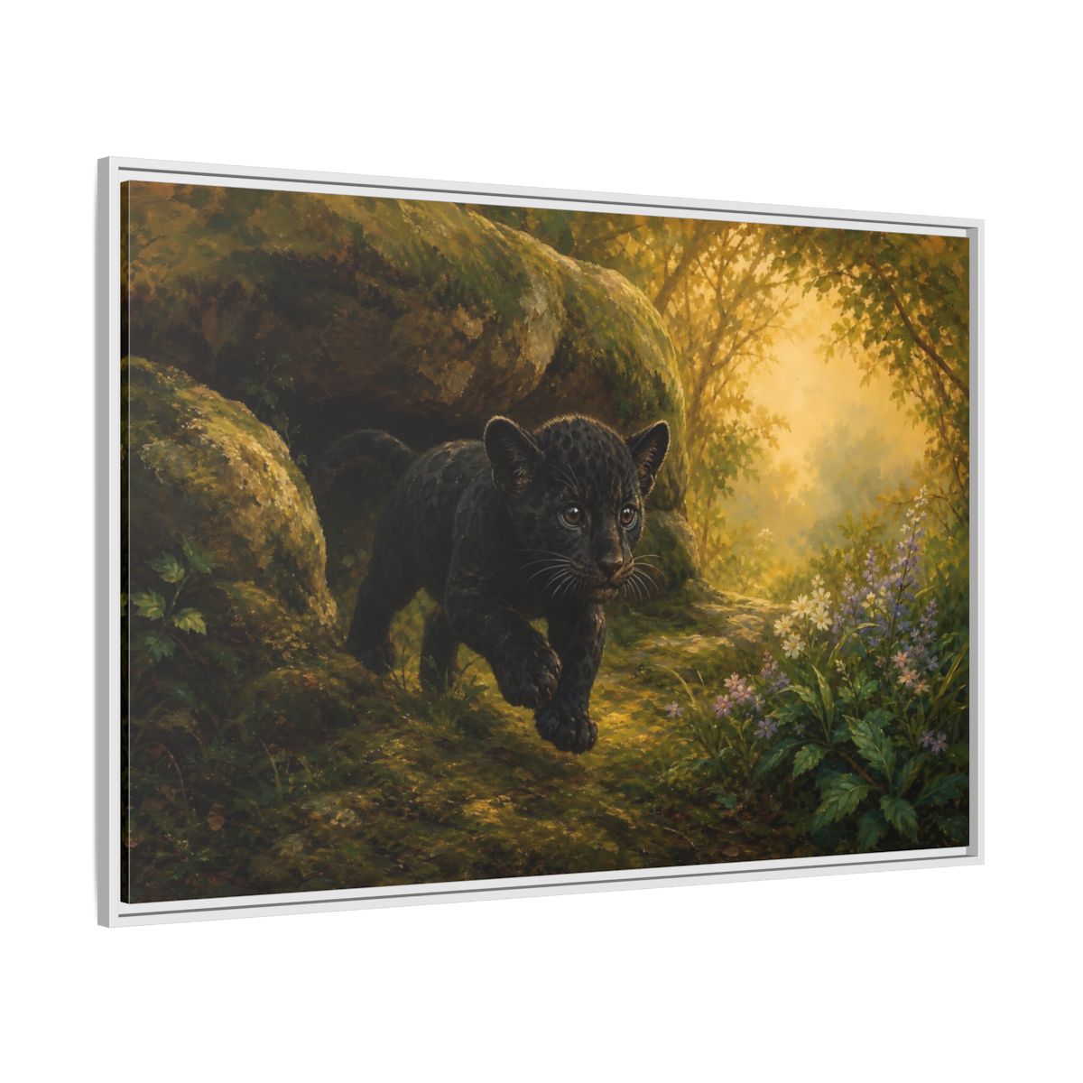 Side Mockup 7. Animals Panther Cub Black Panther Forest shown as stretched canvas wall art