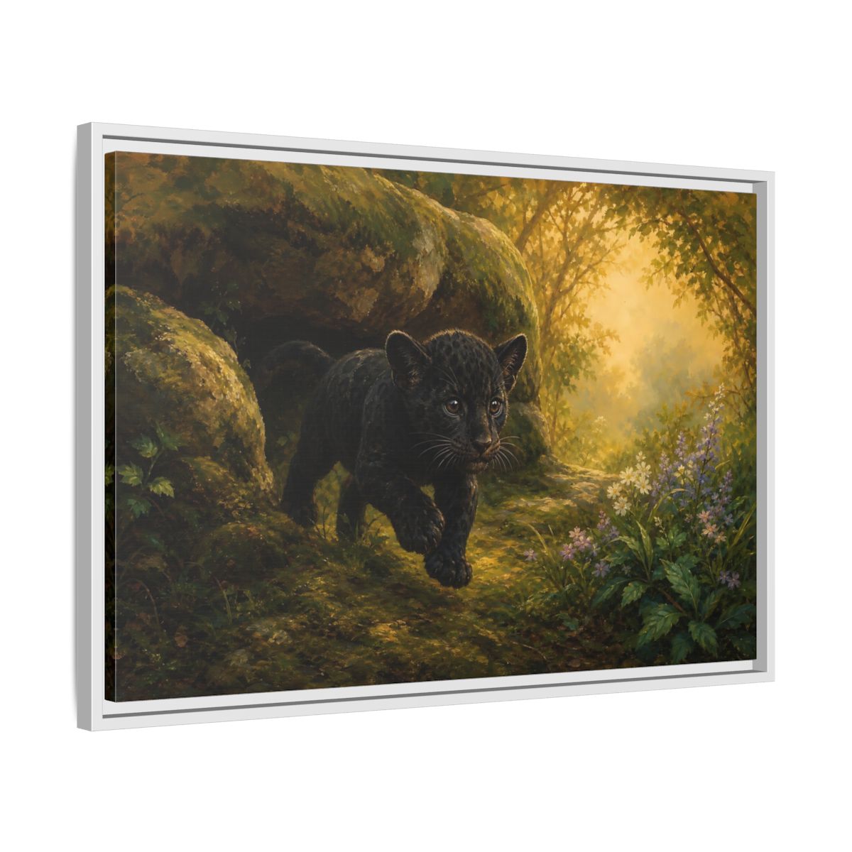 Side Mockup 10. Animals Panther Cub Black Panther Forest shown as stretched canvas wall art