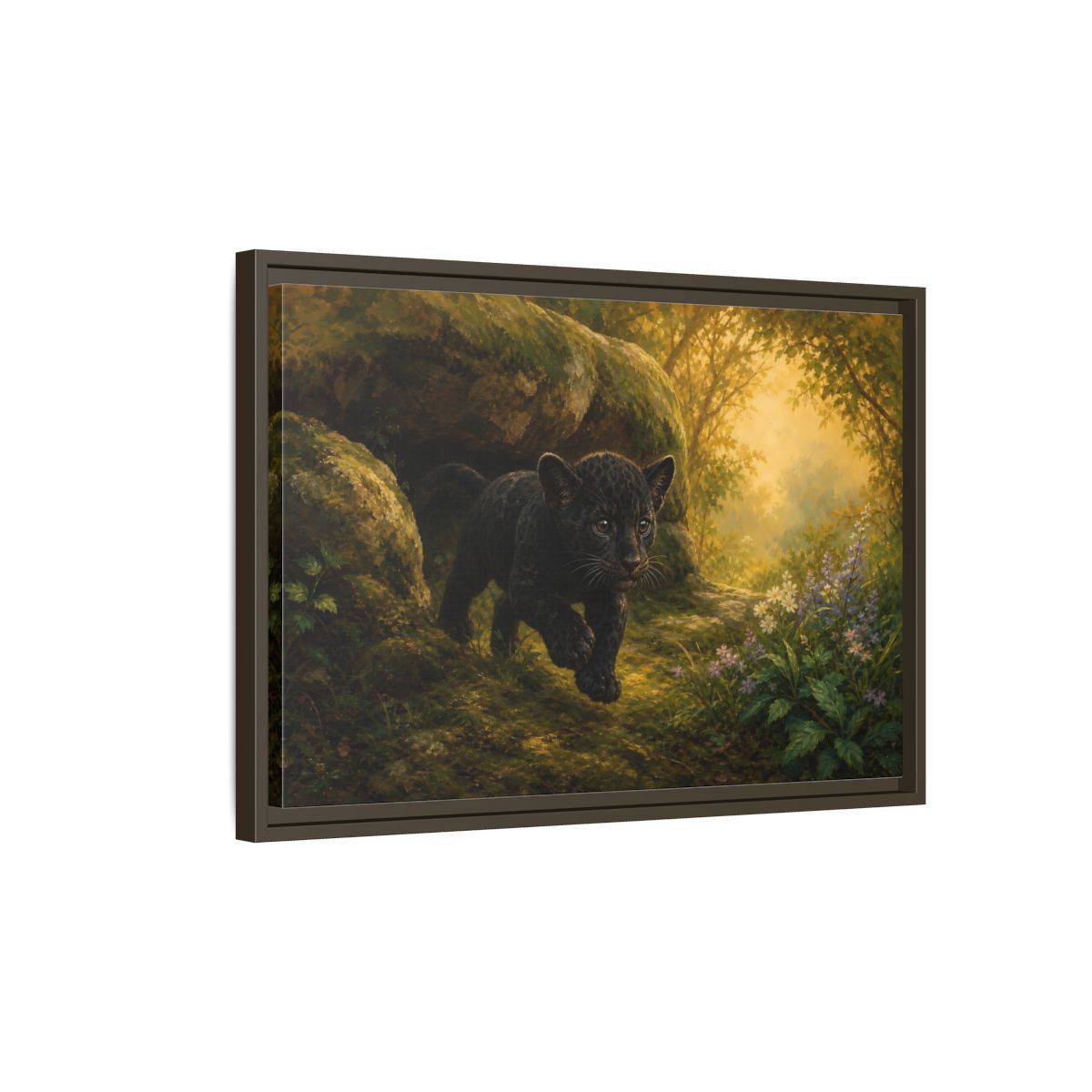 Side Mockup 2. Animals Panther Cub Black Panther Forest shown as stretched canvas wall art