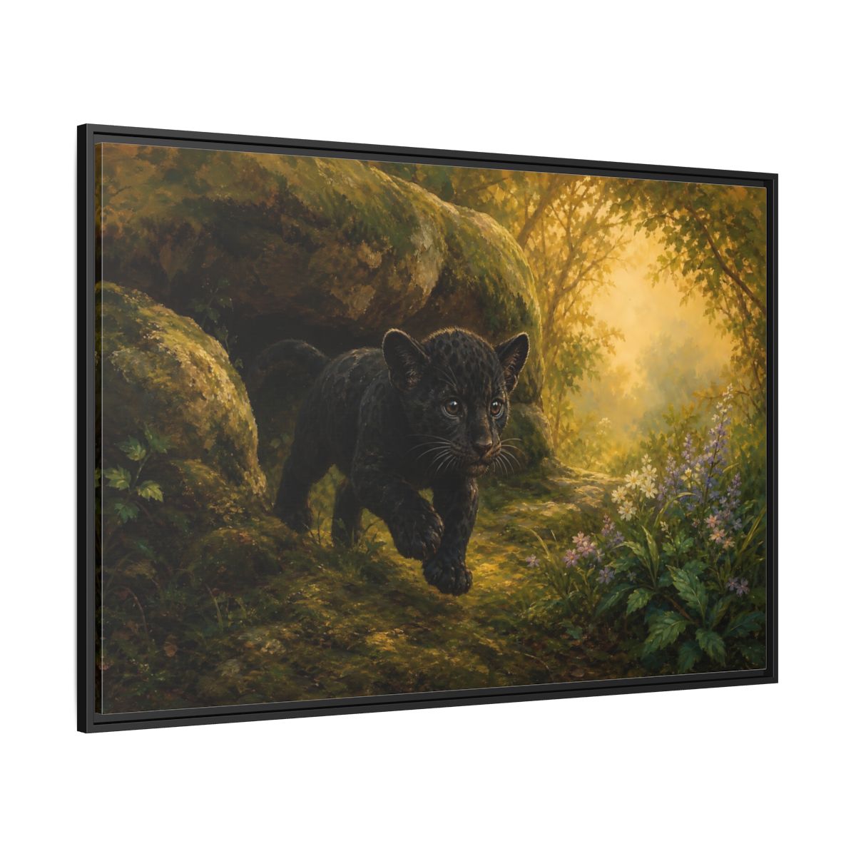 Side Mockup 12. Animals Panther Cub Black Panther Forest shown as stretched canvas wall art