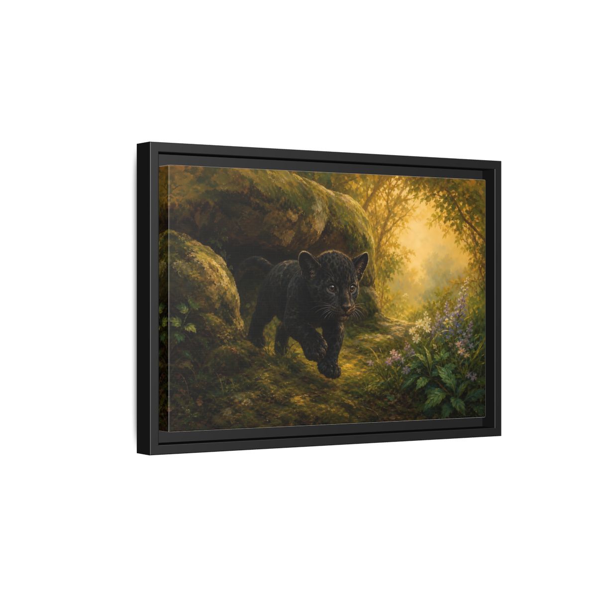 Side Mockup 6. Animals Panther Cub Black Panther Forest shown as stretched canvas wall art