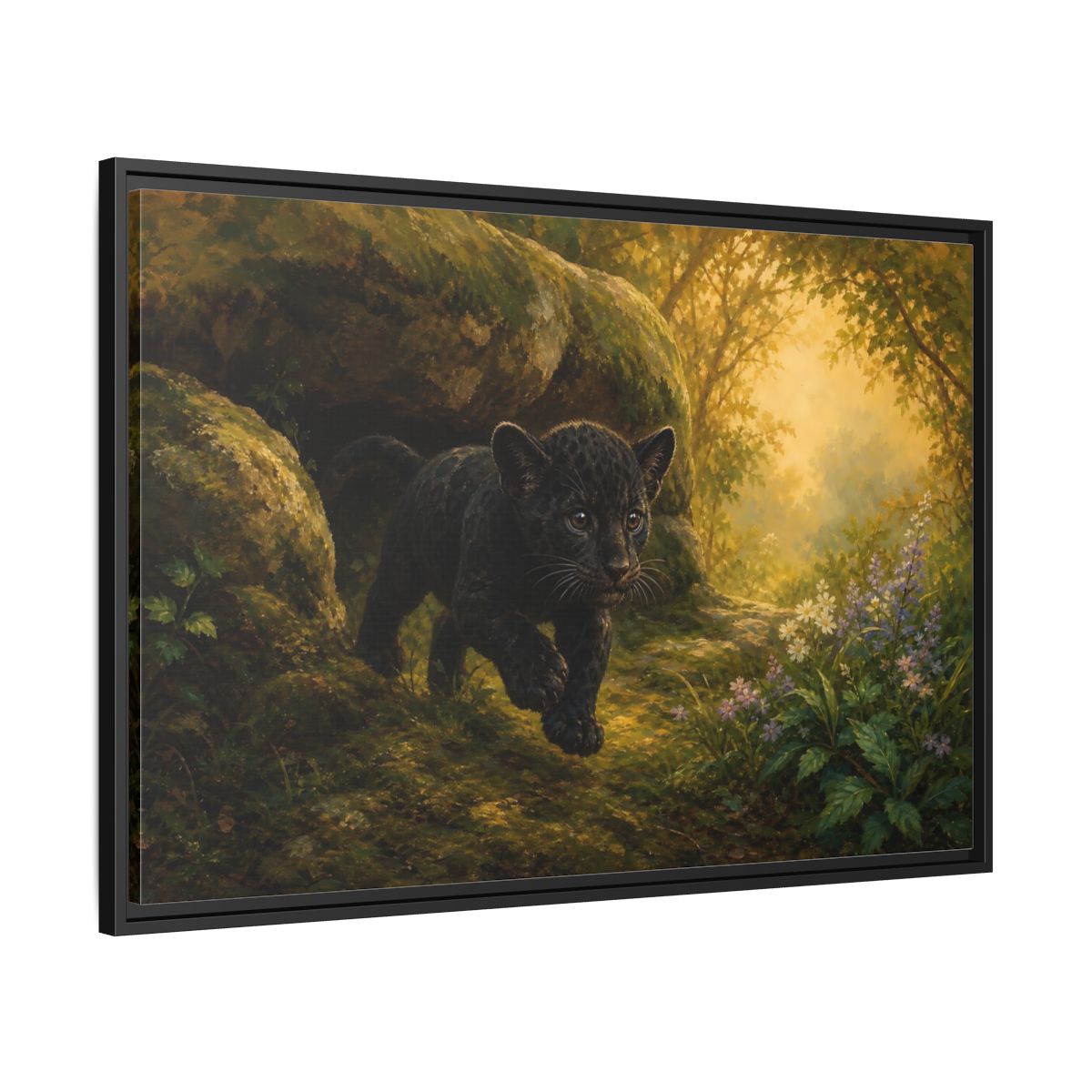 Side Mockup 13. Animals Panther Cub Black Panther Forest shown as stretched canvas wall art