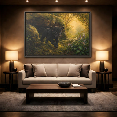 Mockup 2. Animals Panther Cub Black Panther Forest shown as stretched canvas wall art