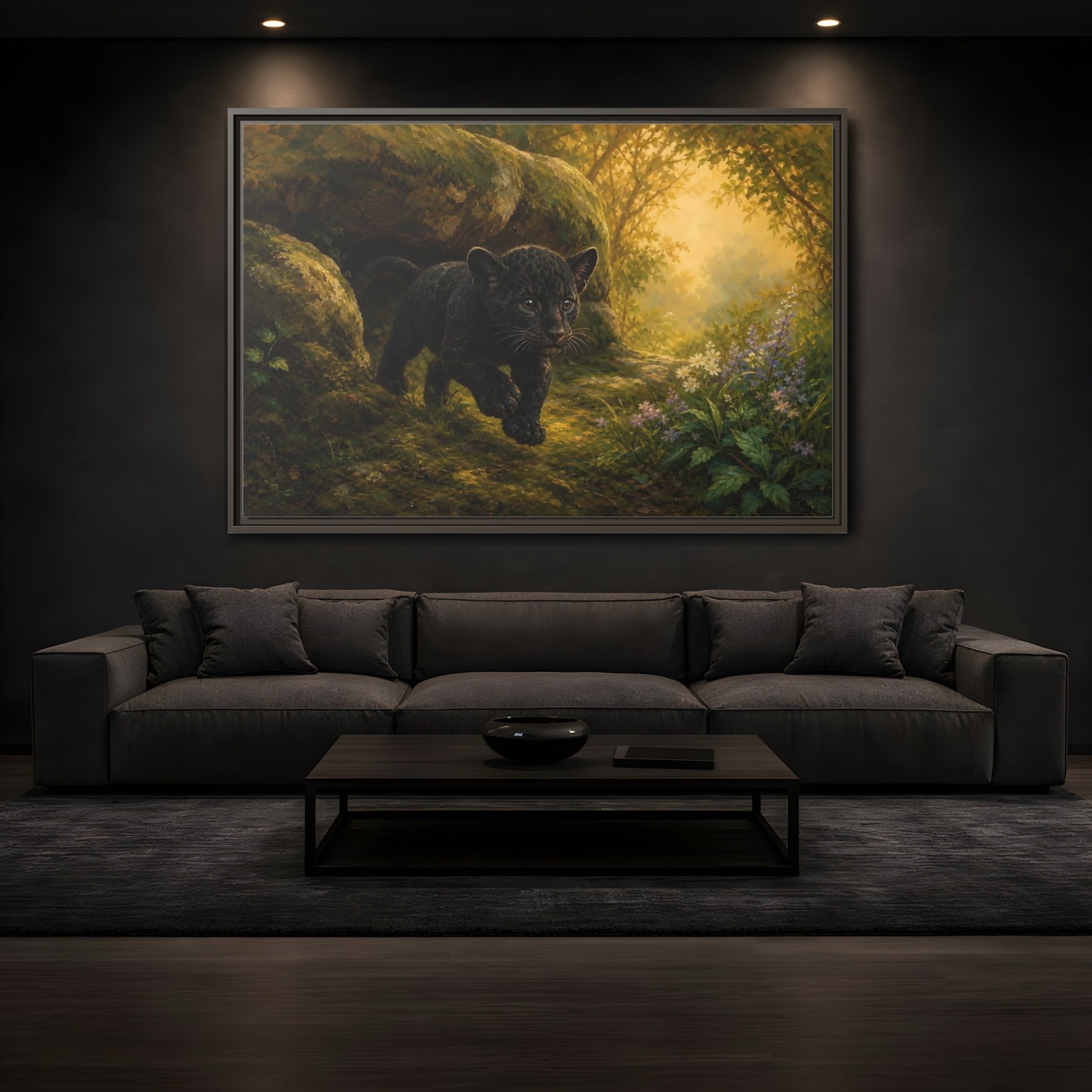 Mockup 3. Animals Panther Cub Black Panther Forest shown as stretched canvas wall art