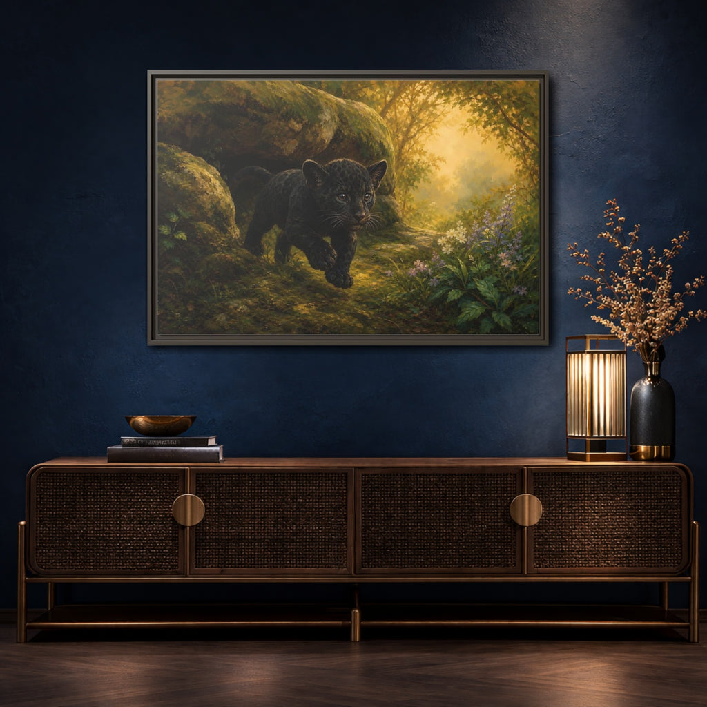 Mockup 4. Animals Panther Cub Black Panther Forest shown as stretched canvas wall art