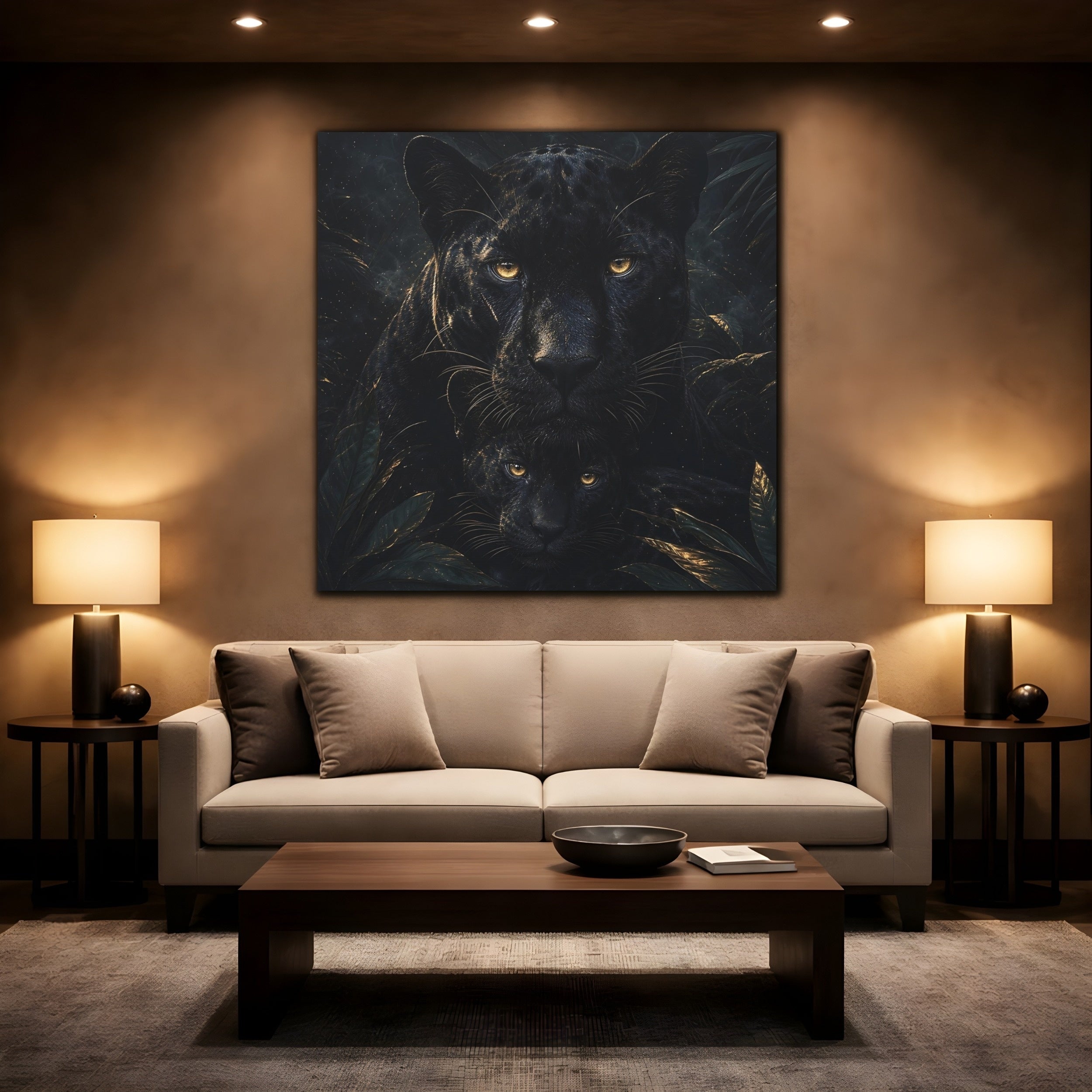 Mockup 2. Animals Panthers Black And Gold shown as stretched canvas wall art
