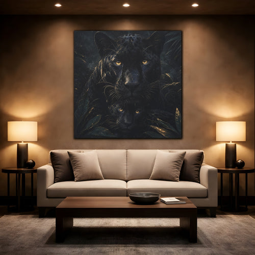 Mockup 2. Animals Panthers Black And Gold shown as stretched canvas wall art