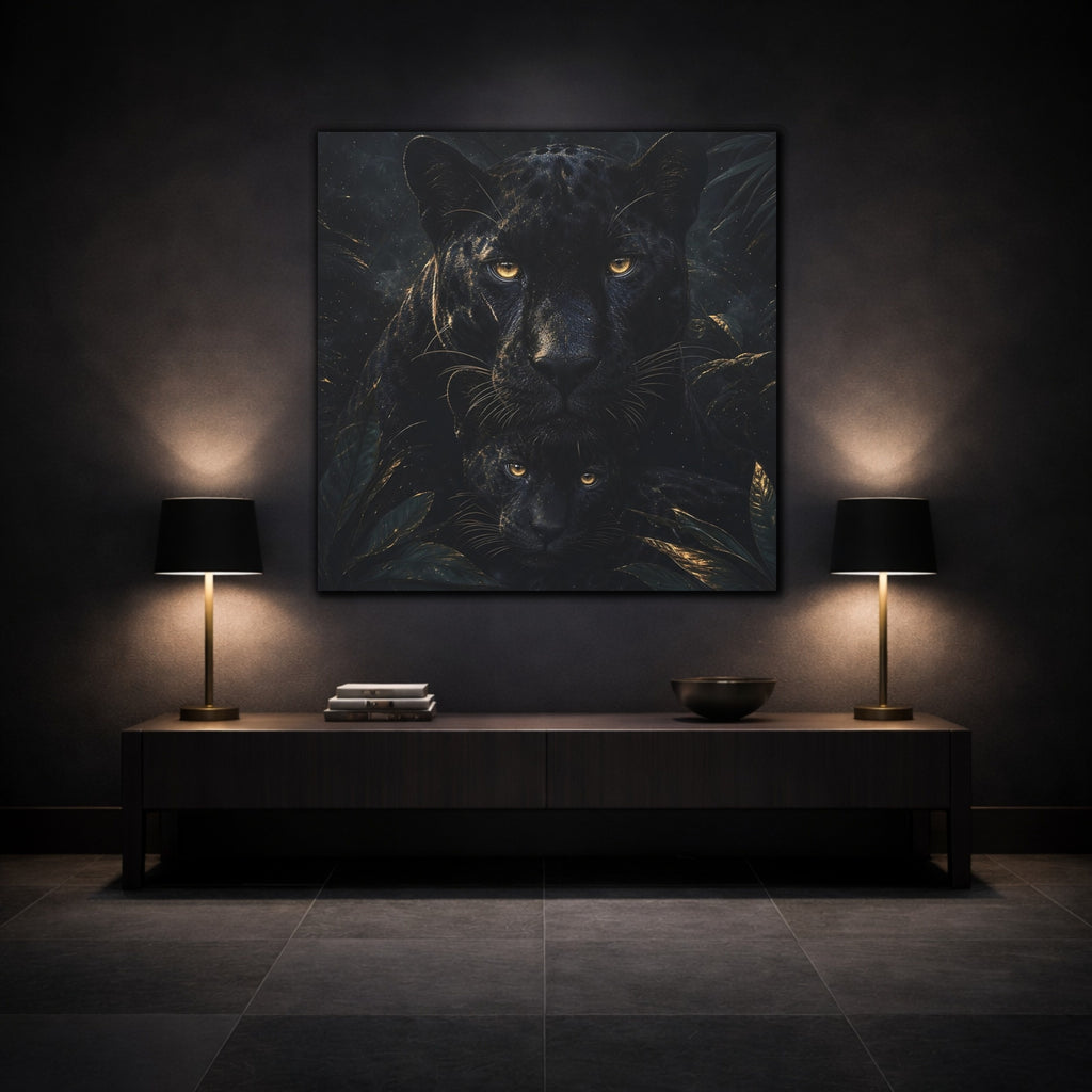 Mockup 3. Animals Panthers Black And Gold shown as stretched canvas wall art