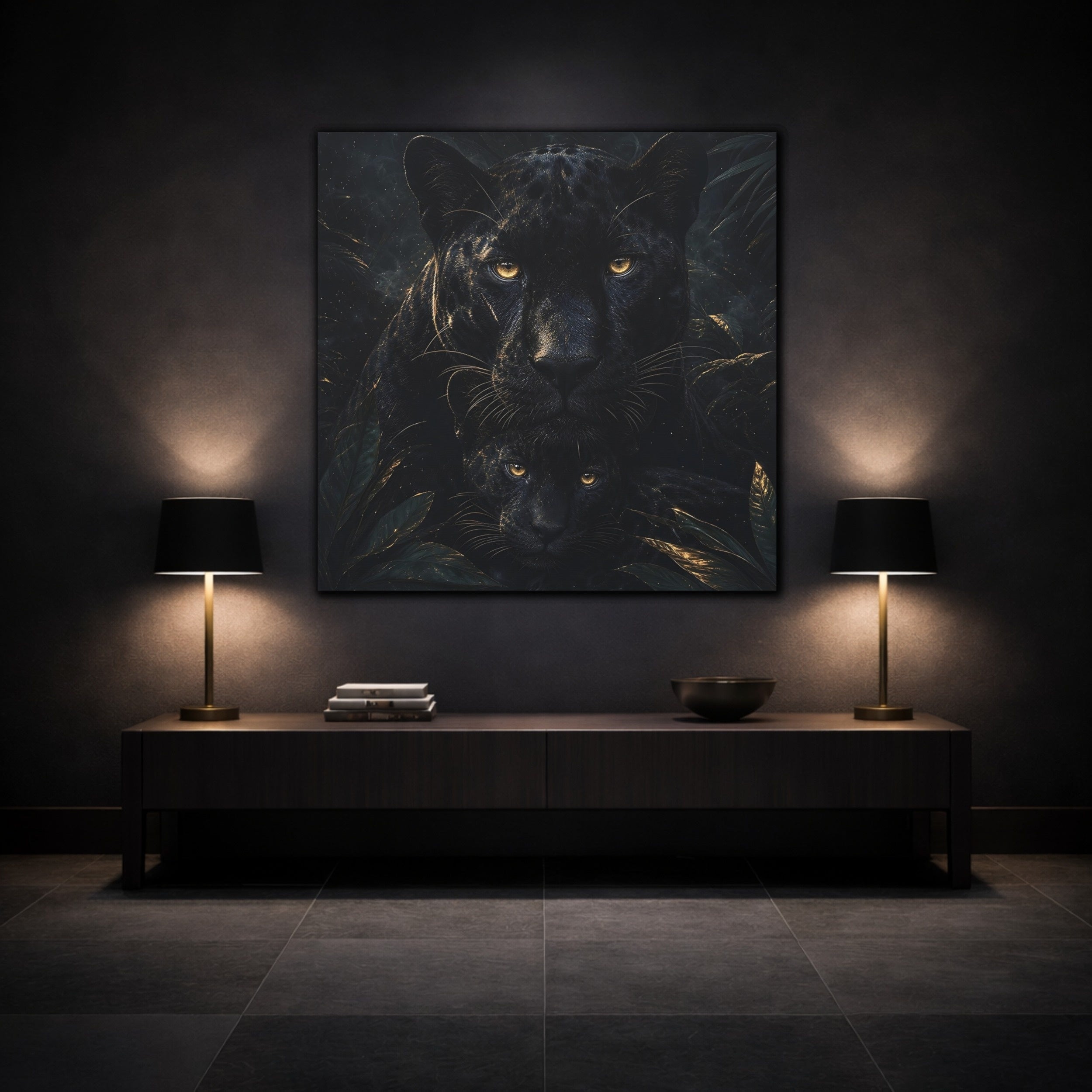 Mockup 3. Animals Panthers Black And Gold shown as stretched canvas wall art