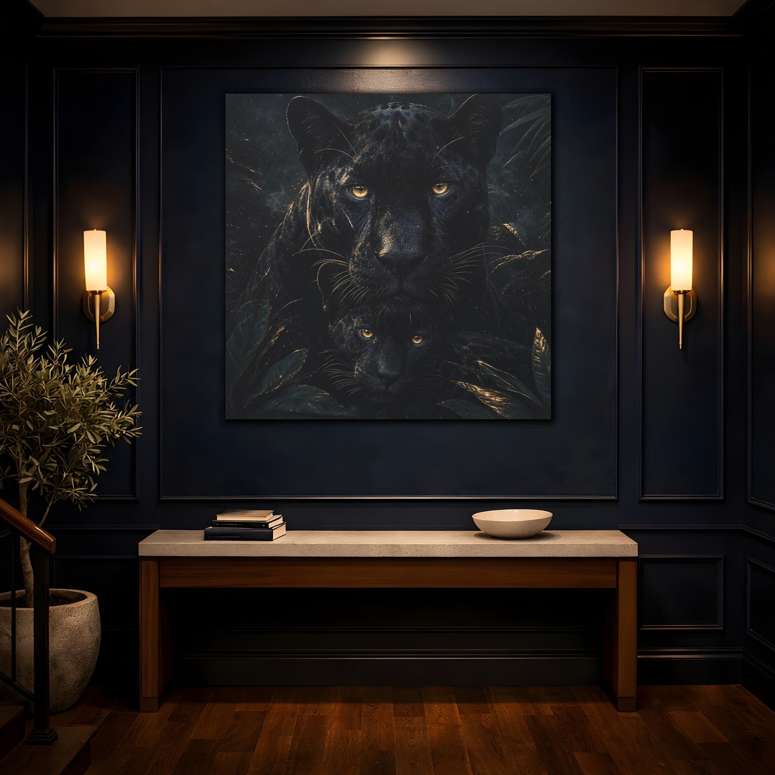 Mockup 4. Animals Panthers Black And Gold shown as stretched canvas wall art