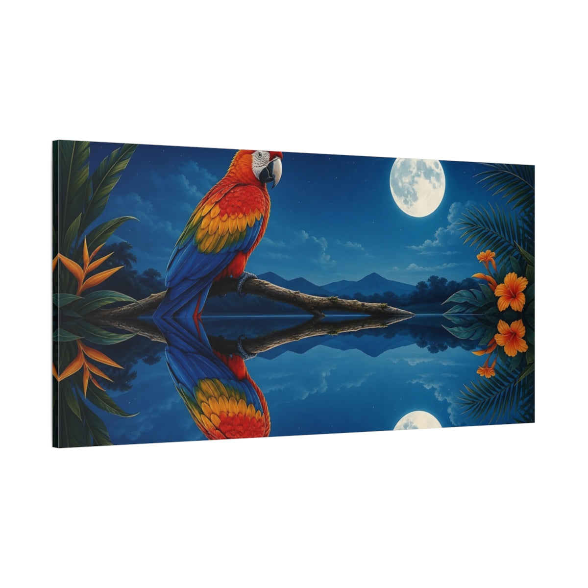 Side Mockup 2. Animals Parrot Blue, Red, Yellow shown as stretched canvas wall art