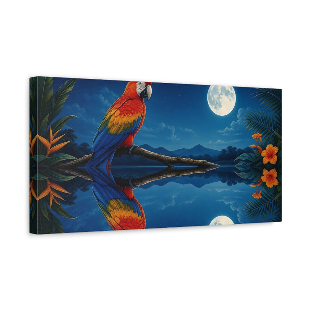Side Mockup 3. Animals Parrot Blue, Red, Yellow shown as stretched canvas wall art