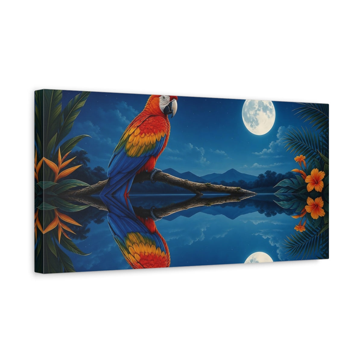 Side Mockup 3. Animals Parrot Blue, Red, Yellow shown as stretched canvas wall art