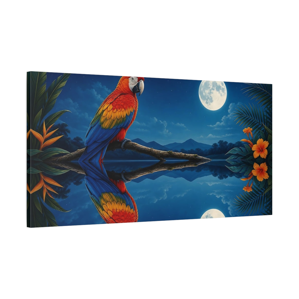 Main Mockup. Animals Parrot Blue, Red, Yellow shown as stretched canvas wall art