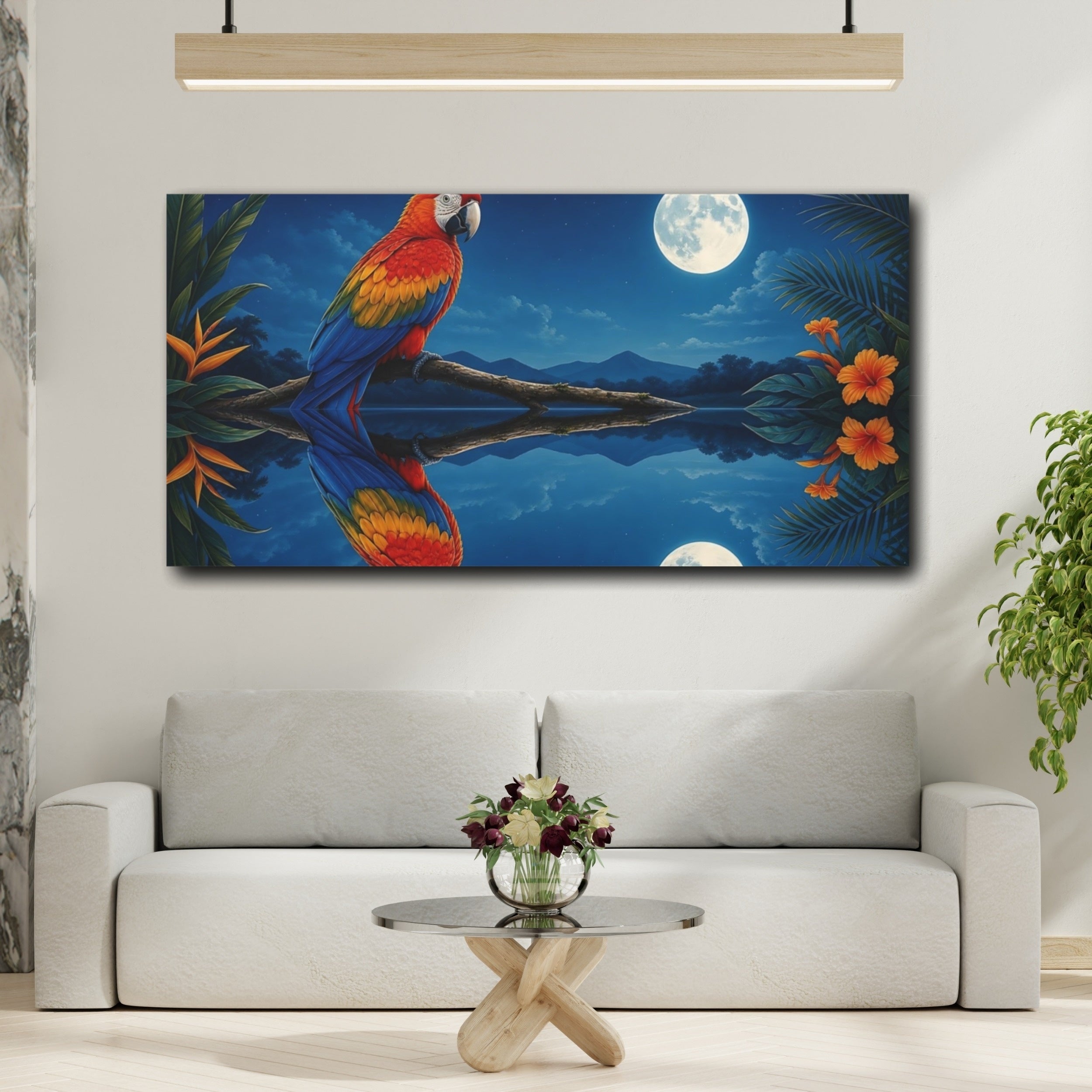 Mockup 2. Animals Parrot Blue, Red, Yellow shown as stretched canvas wall art