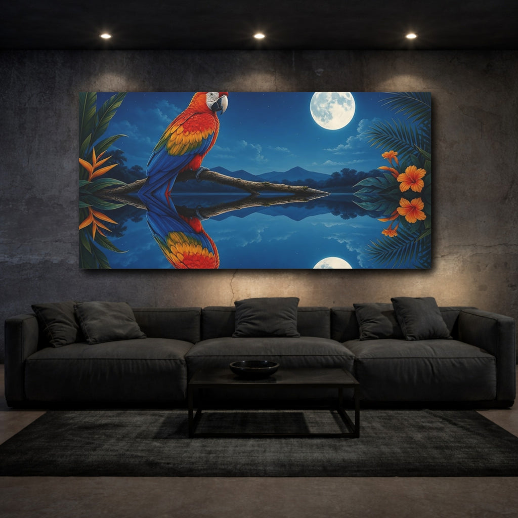Mockup 3. Animals Parrot Blue, Red, Yellow shown as stretched canvas wall art