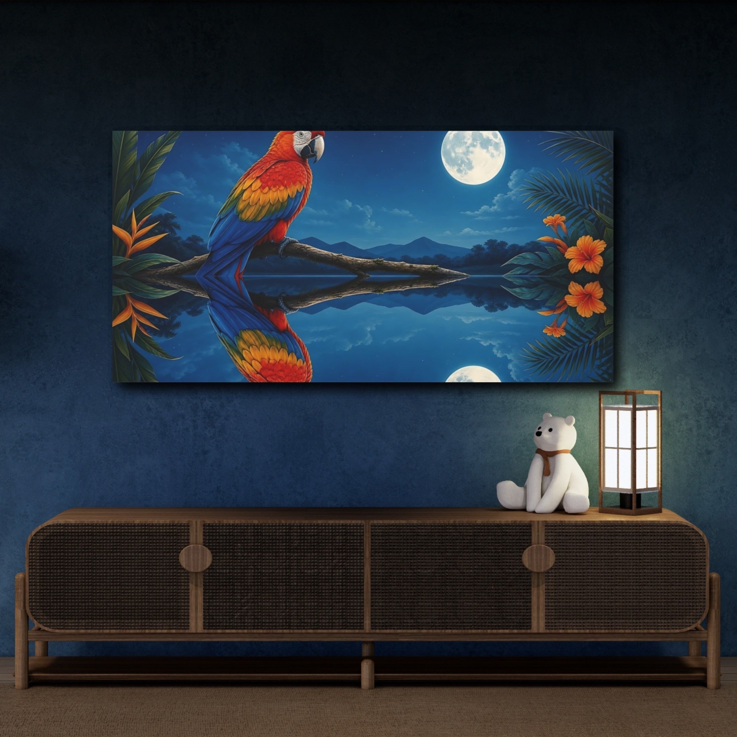 Mockup 4. Animals Parrot Blue, Red, Yellow shown as stretched canvas wall art
