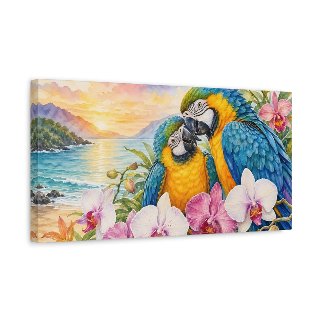 Side Mockup 3. Animals Parrots Colorful Parrots shown as stretched canvas wall art