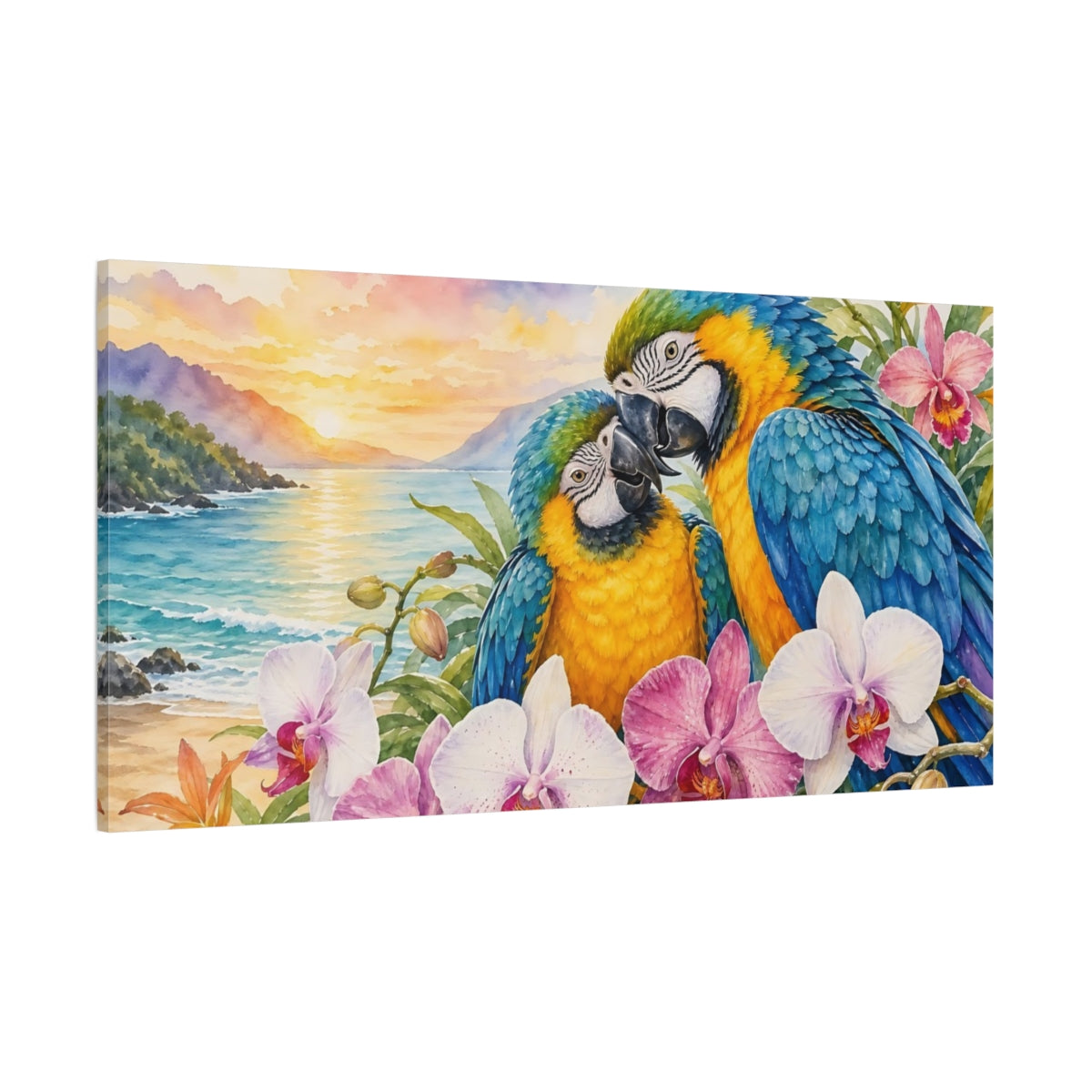 Side Mockup 2. Animals Parrots Colorful Parrots shown as stretched canvas wall art