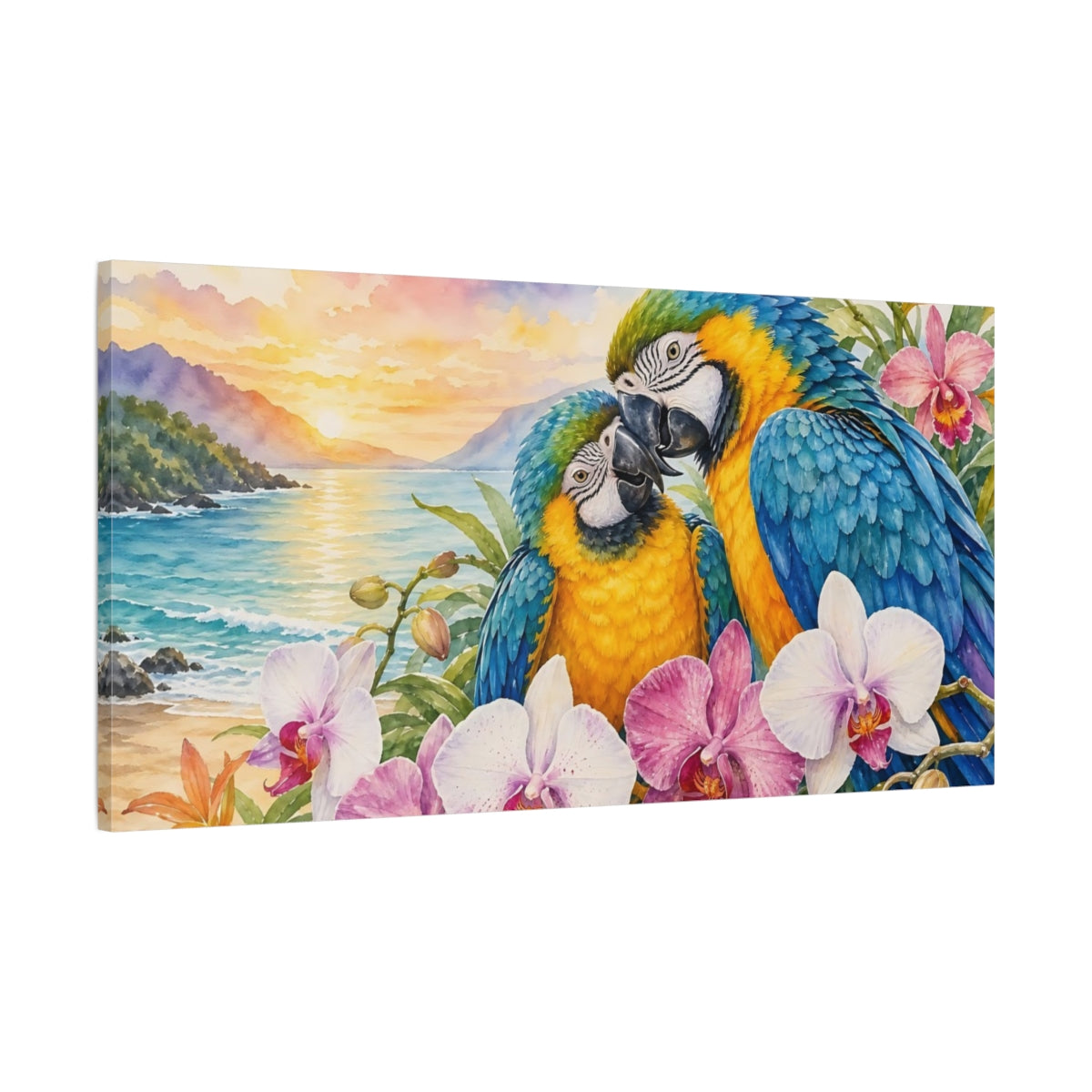 Main Mockup. Animals Parrots Colorful Parrots shown as stretched canvas wall art