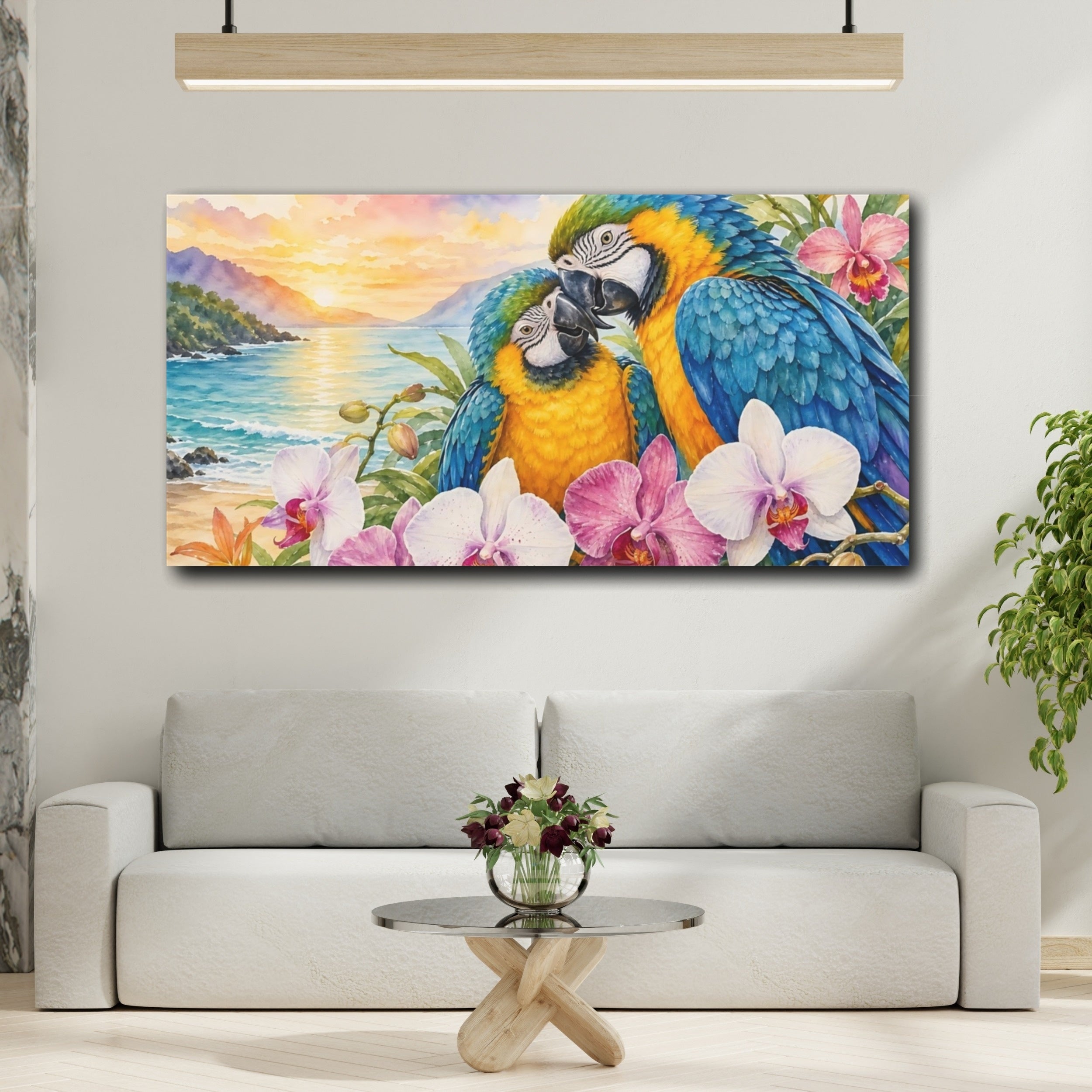 Mockup 2. Animals Parrots Colorful Parrots shown as stretched canvas wall art