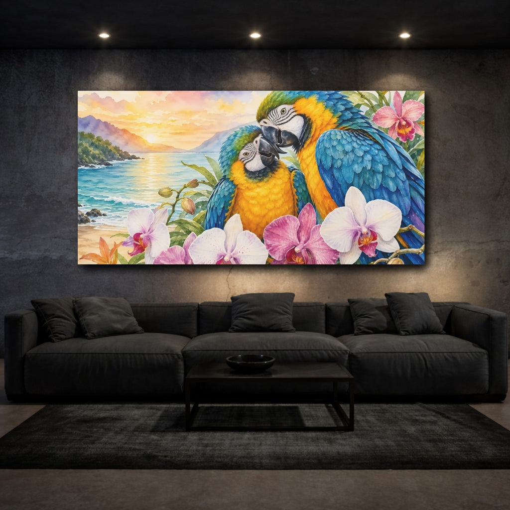 Mockup 3. Animals Parrots Colorful Parrots shown as stretched canvas wall art